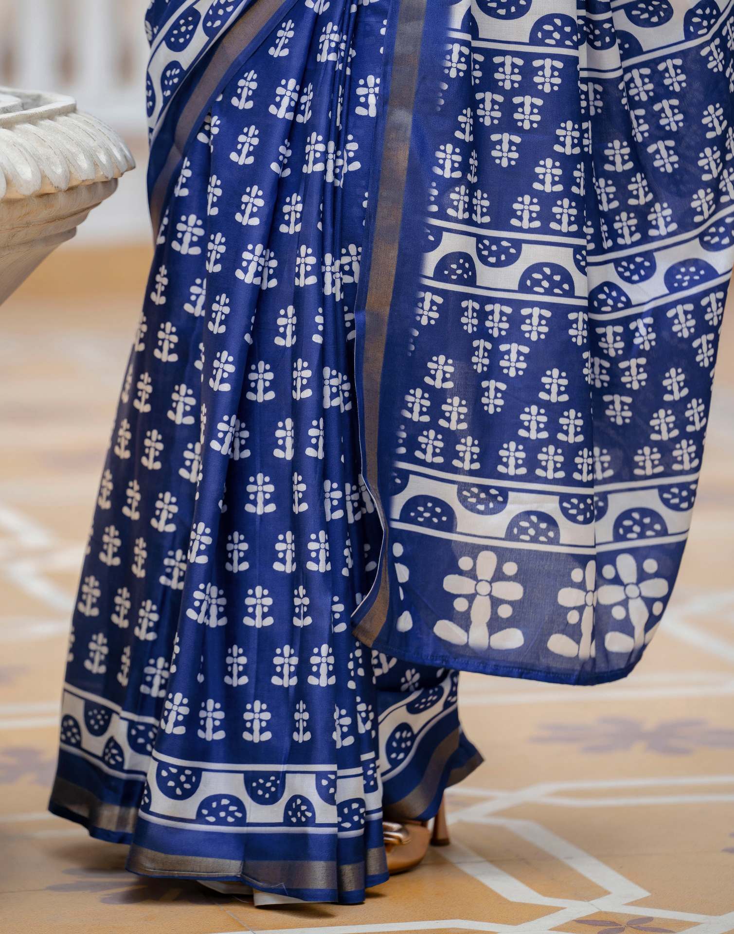 Blue Silk Printed Zari Border Saree