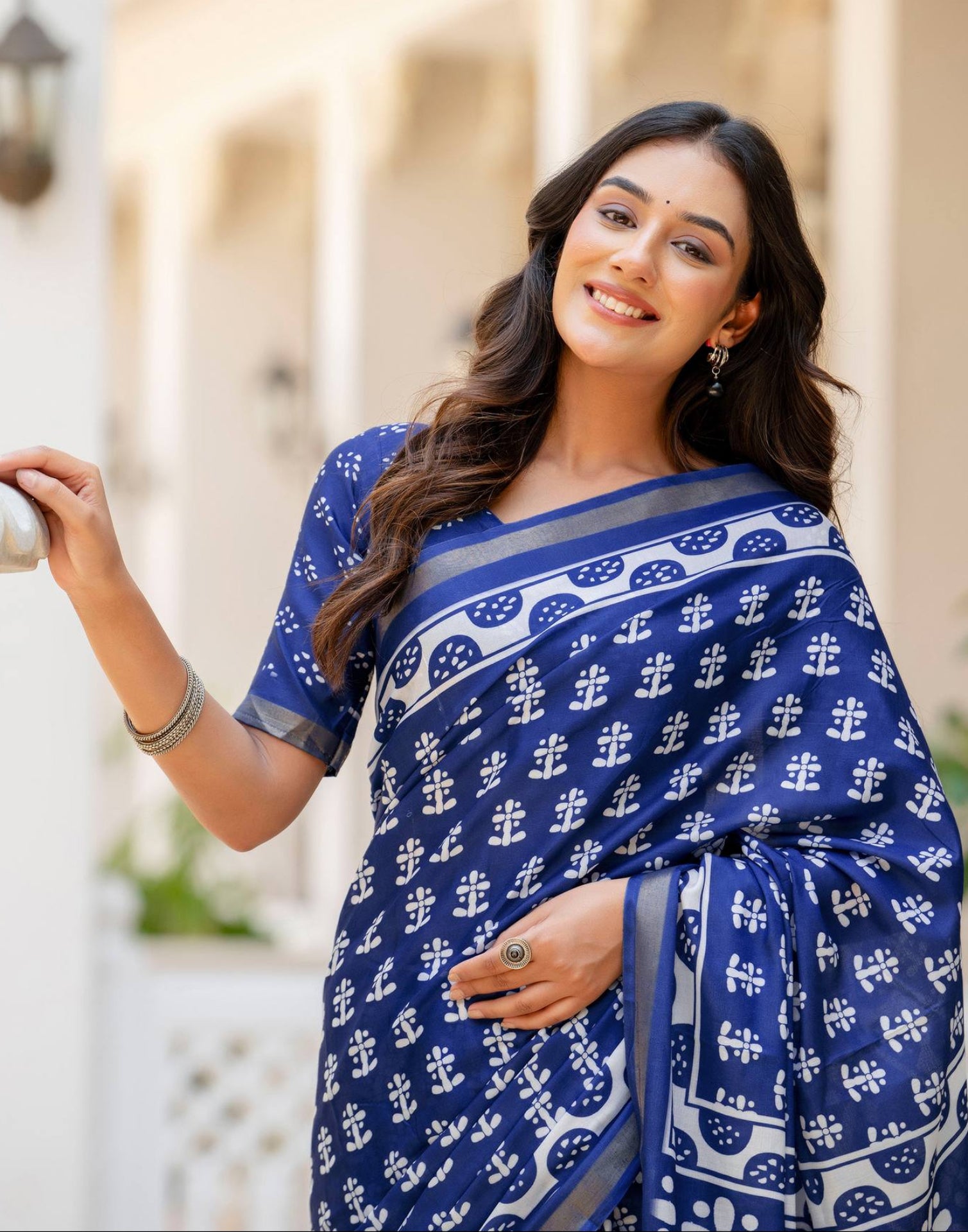 Blue Silk Printed Zari Border Saree