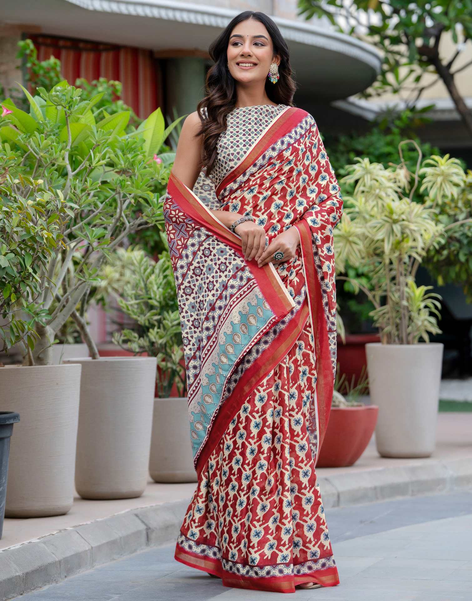 Maroon Silk Printed Zari Border Saree