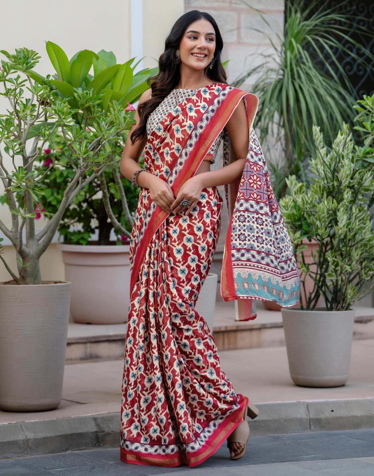 Maroon Silk Printed Zari Border Saree