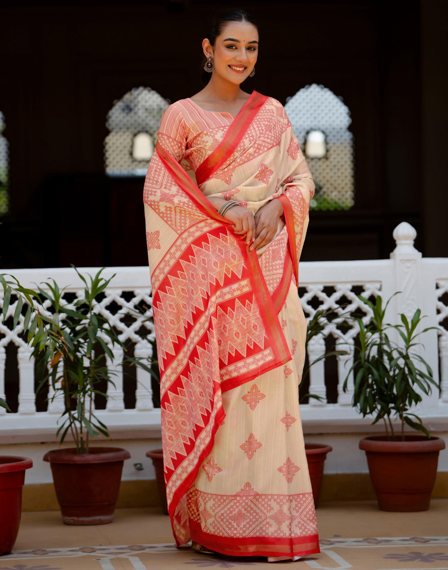 Beige Silk Printed Zari Border Saree