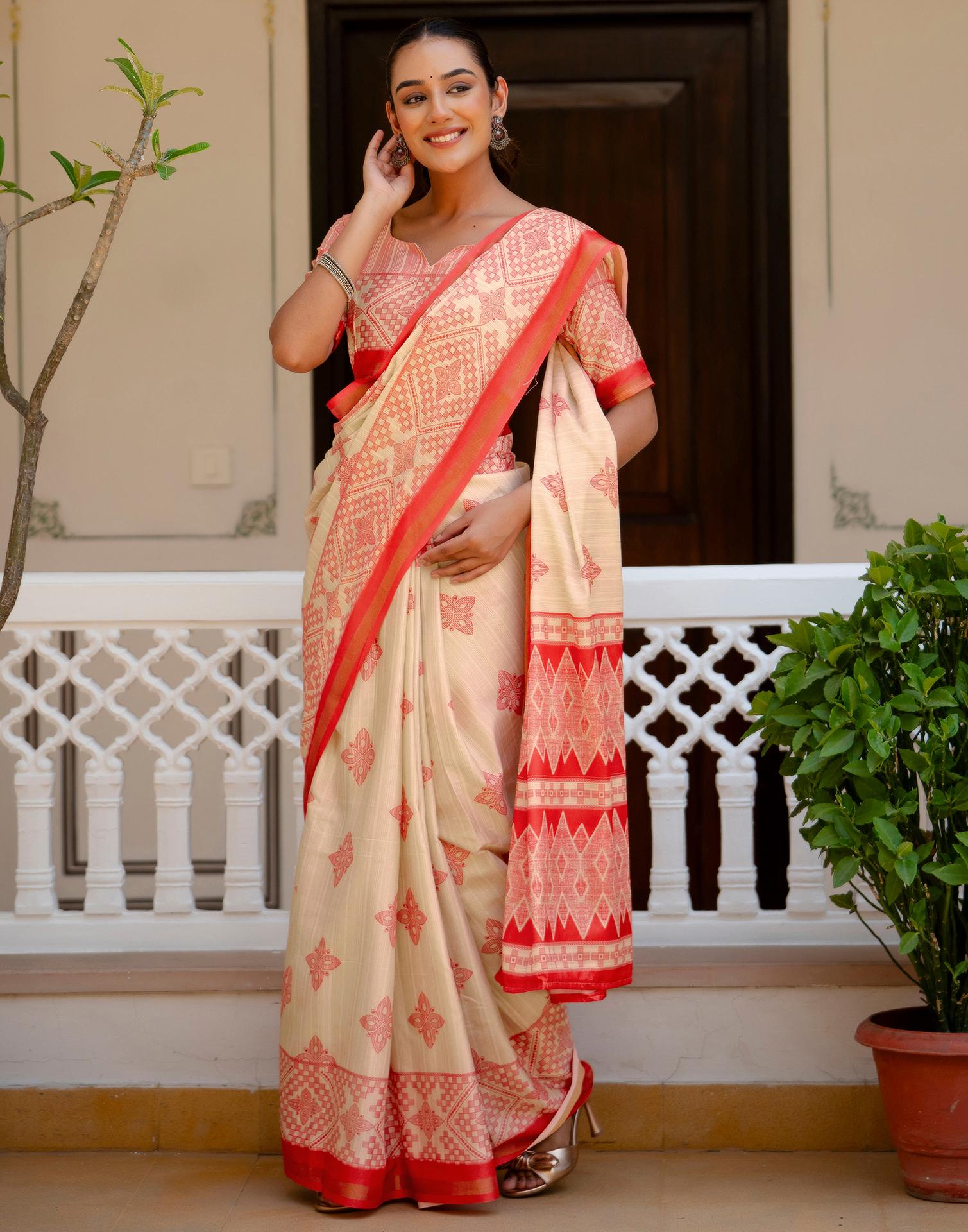 Beige Silk Printed Zari Border Saree