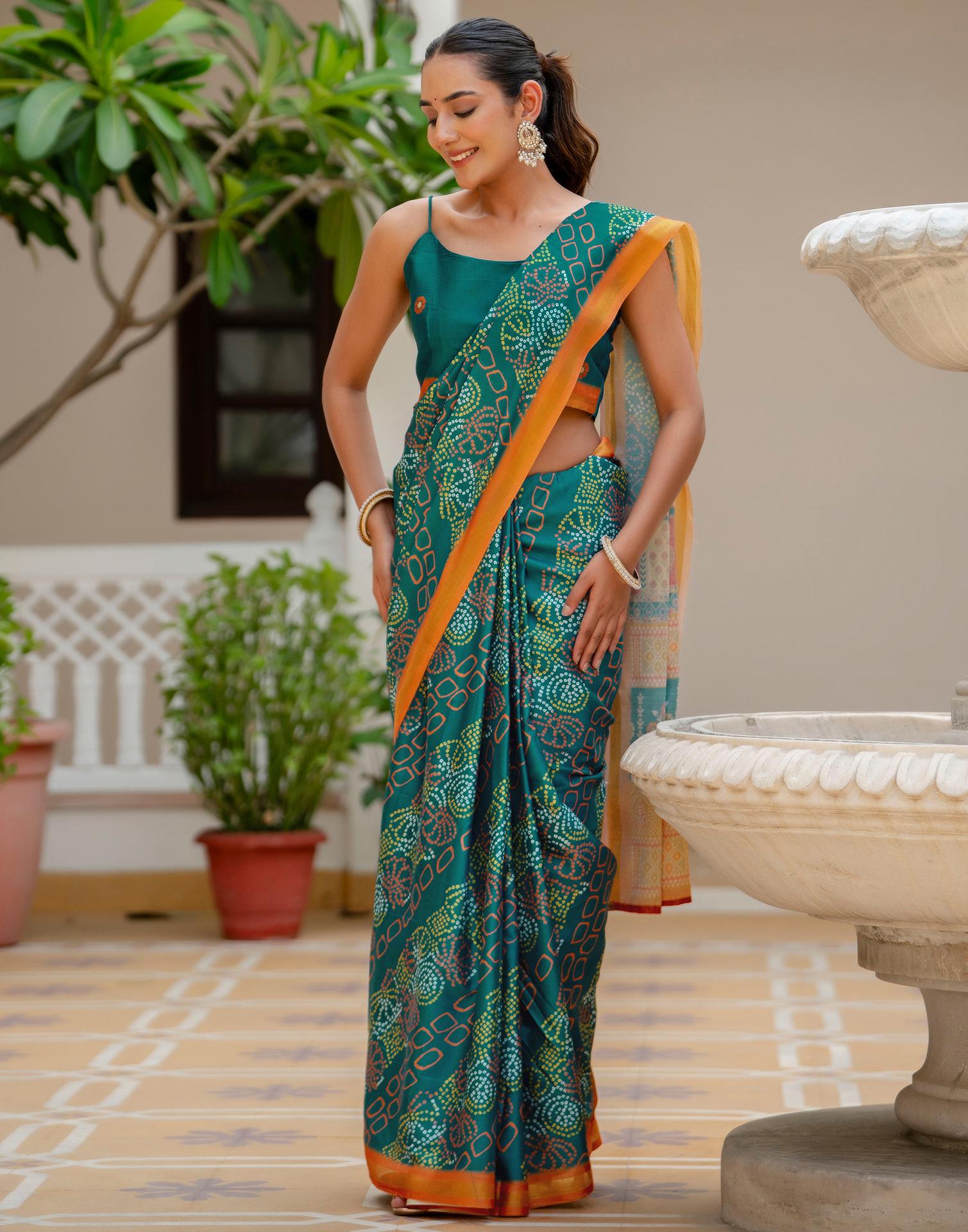 Rama Blue Silk Bandhani Printed Zari Border Saree