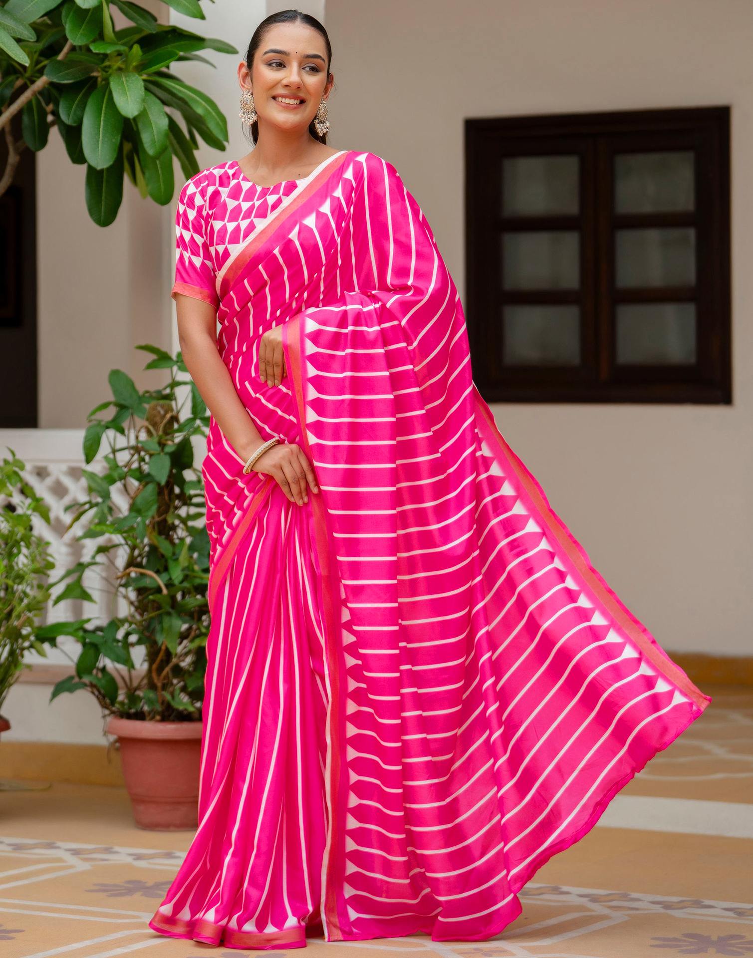 Pink Silk Printed Zari Border Saree