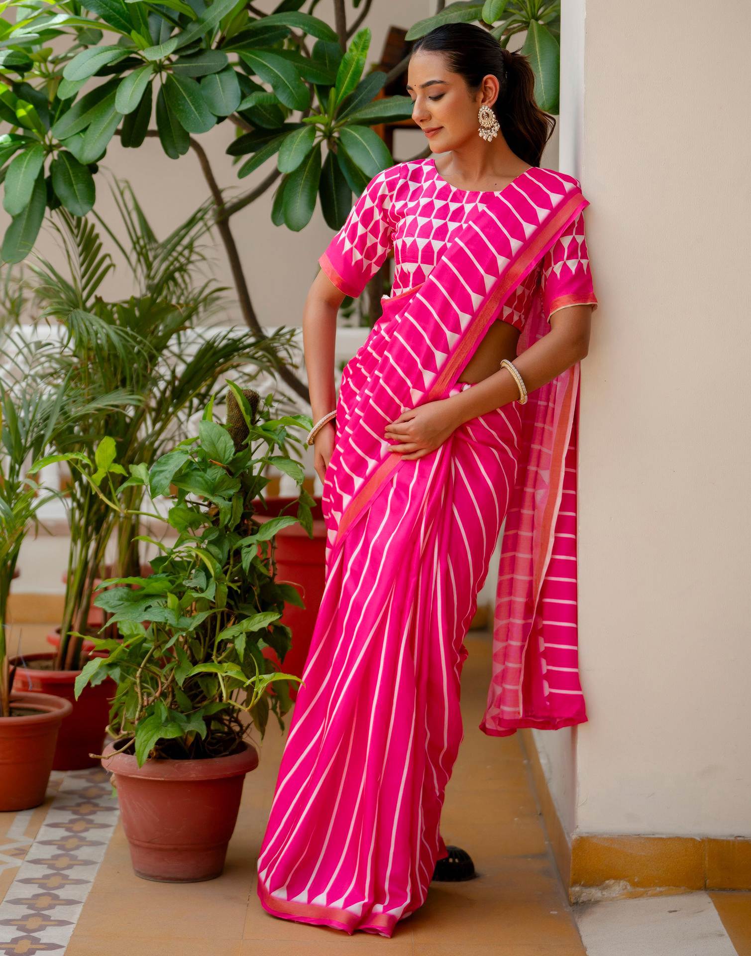 Pink Silk Printed Zari Border Saree