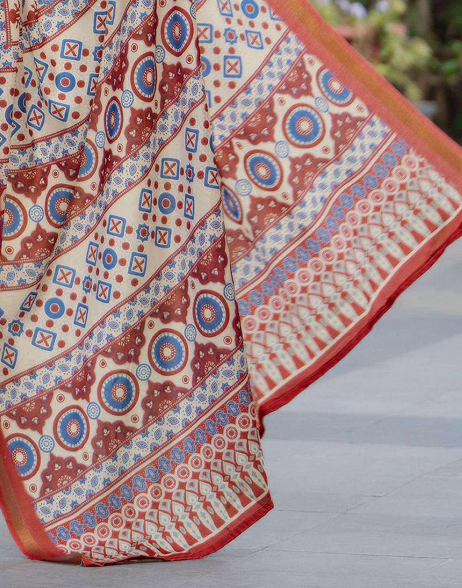 Beige Silk Printed Zari Border Saree
