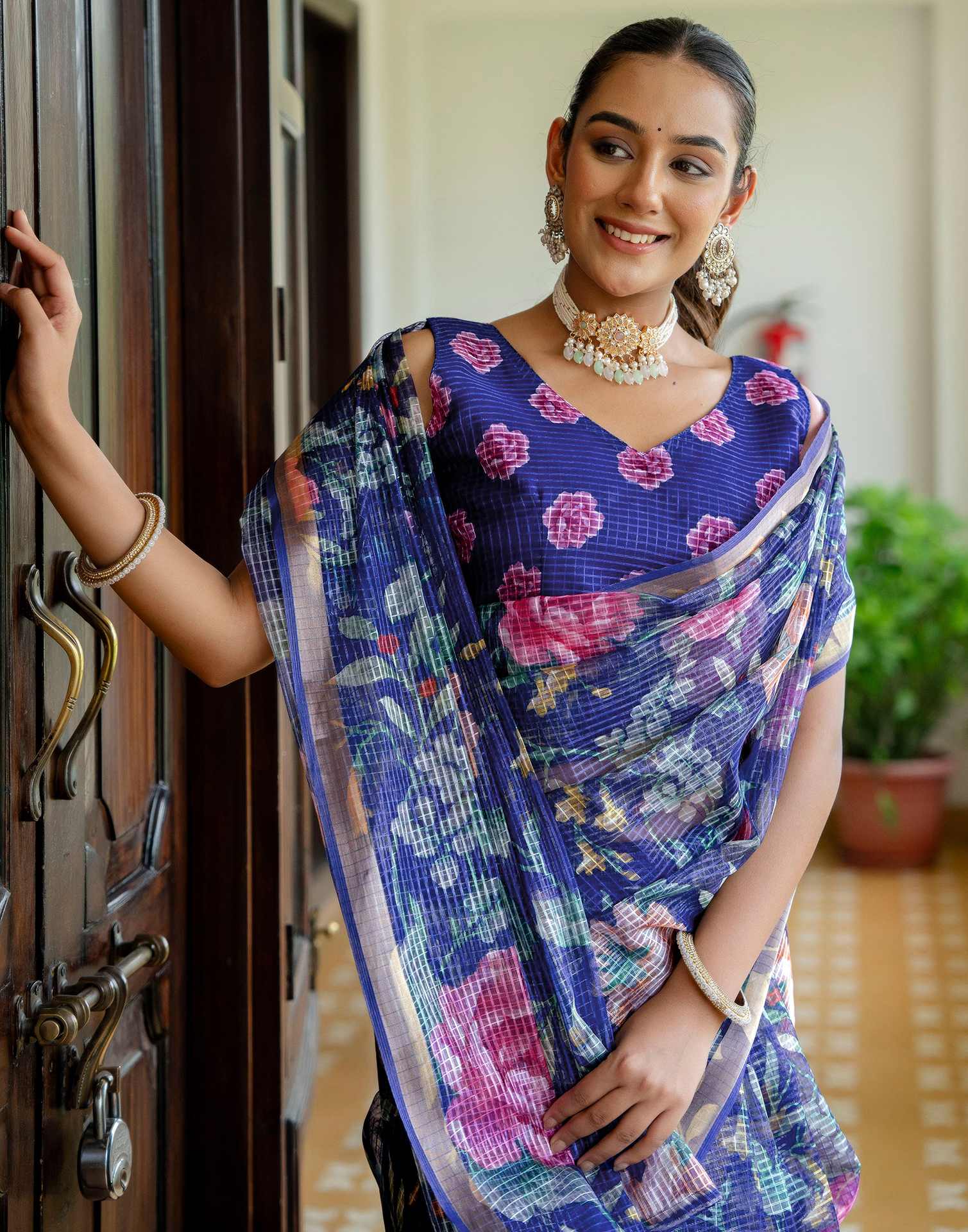 Blue Kota Doria Printed Zari Border Saree