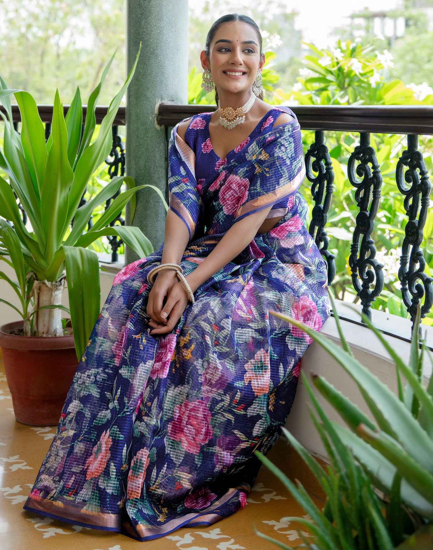 Blue Kota Doria Printed Zari Border Saree