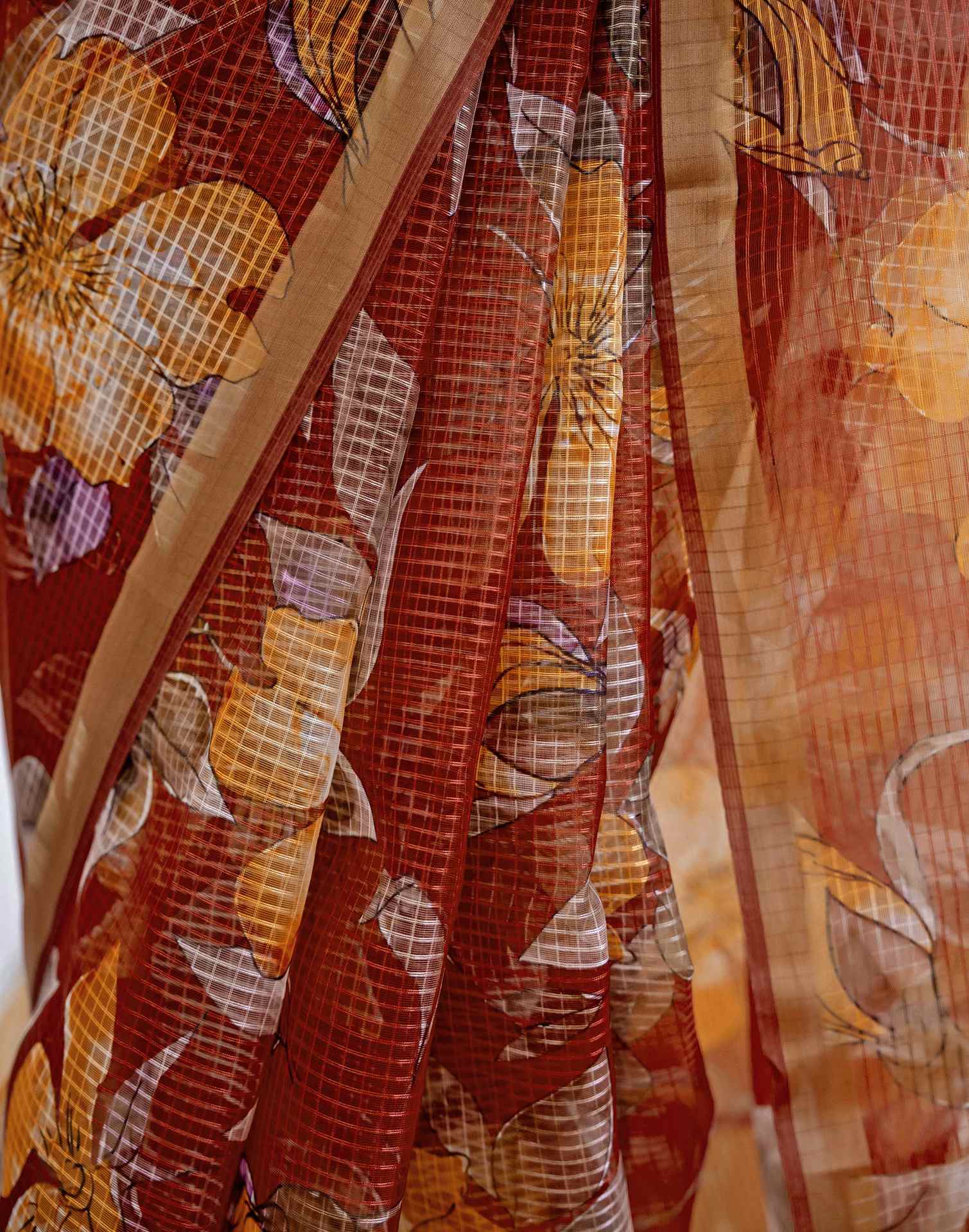 Maroon Kota Doria Printed Zari Border Saree