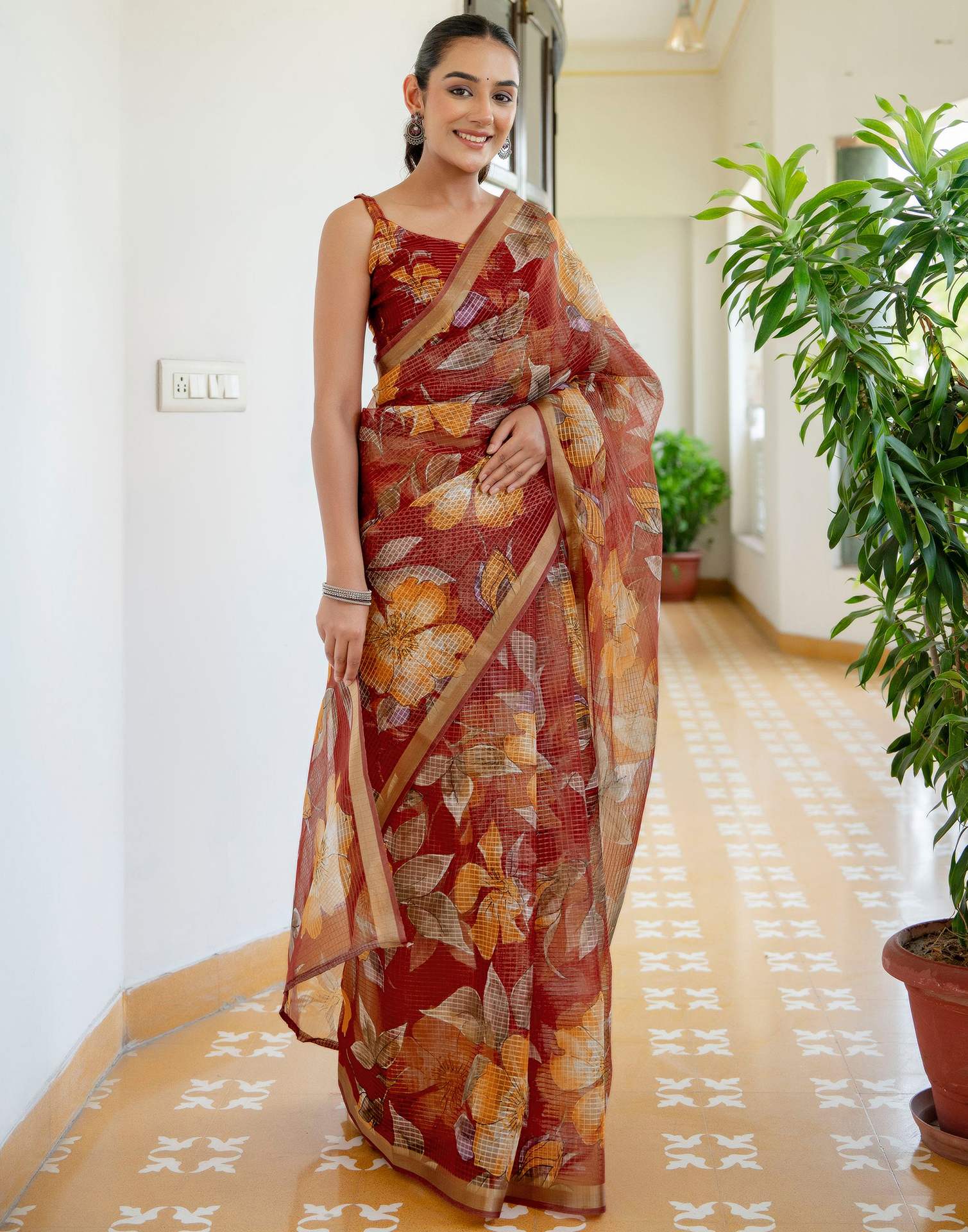 Maroon Kota Doria Printed Zari Border Saree