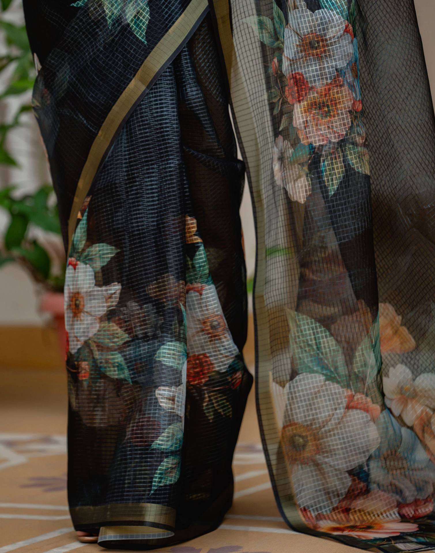 Black Kota Doria Printed Zari Border Saree