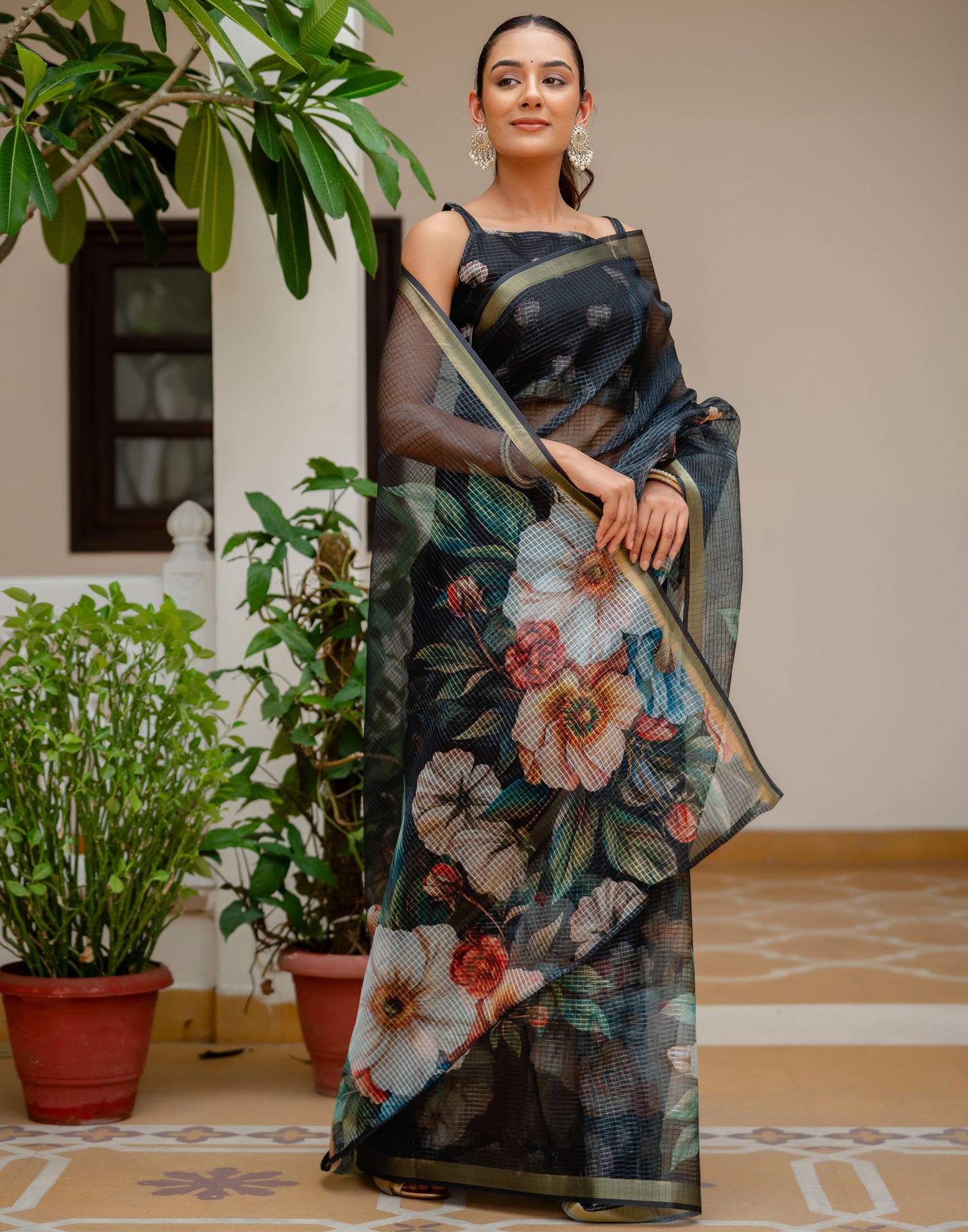 Black Kota Doria Printed Zari Border Saree