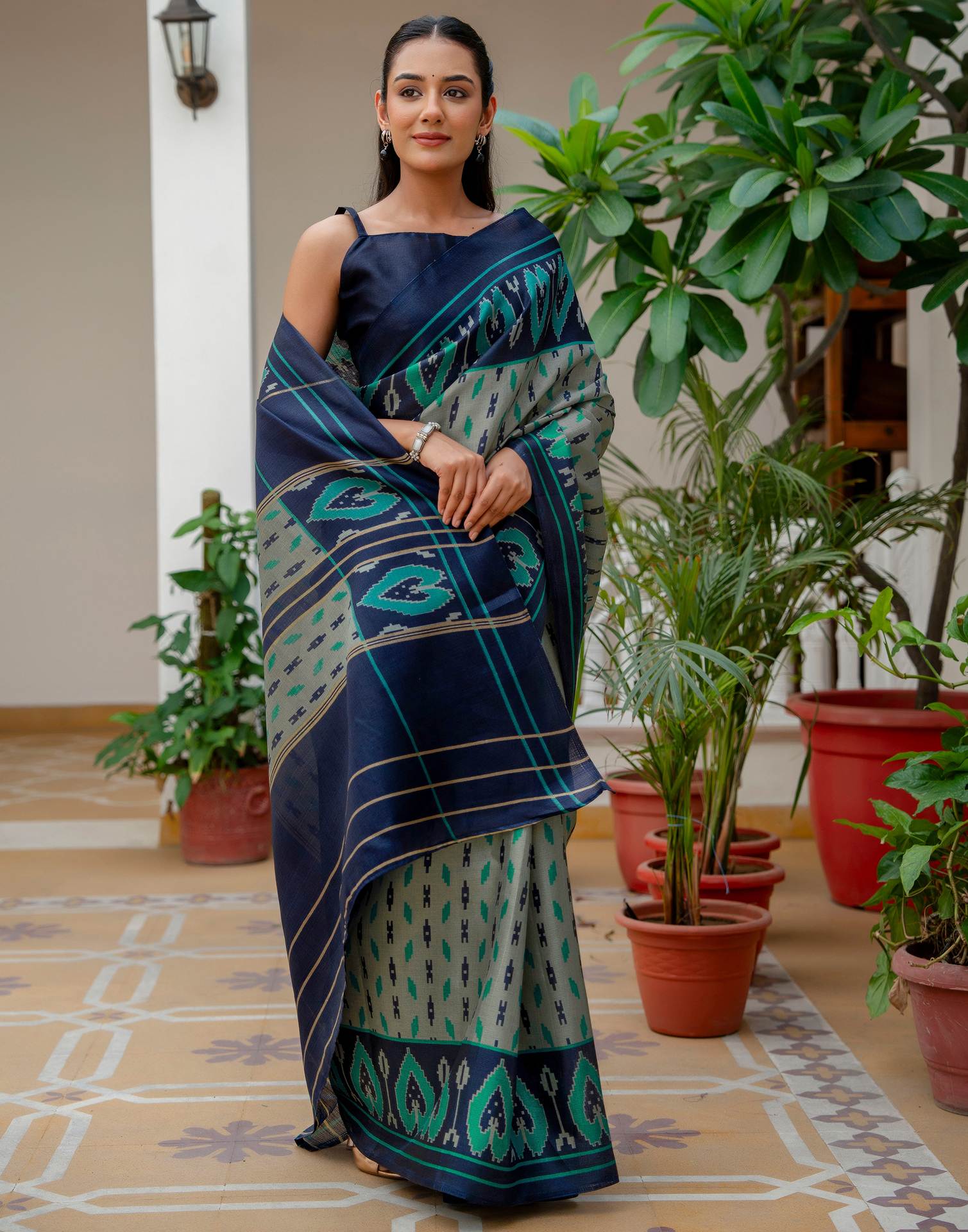 Navy Blue Khadi Ikkat Printed Saree