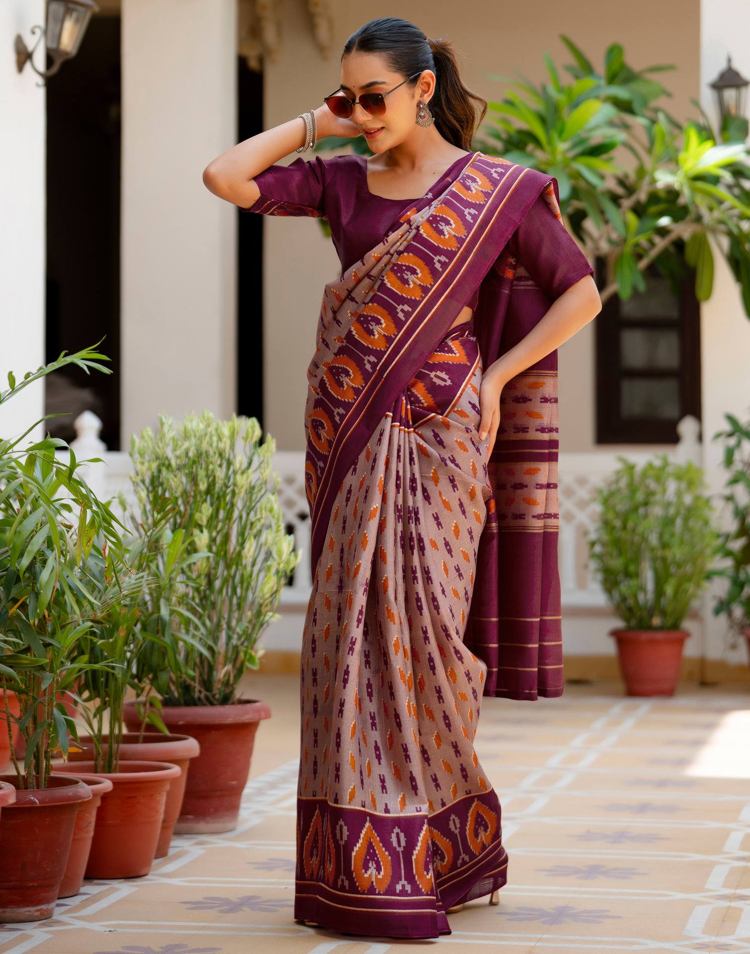 Purple Khadi Ikkat Printed Saree