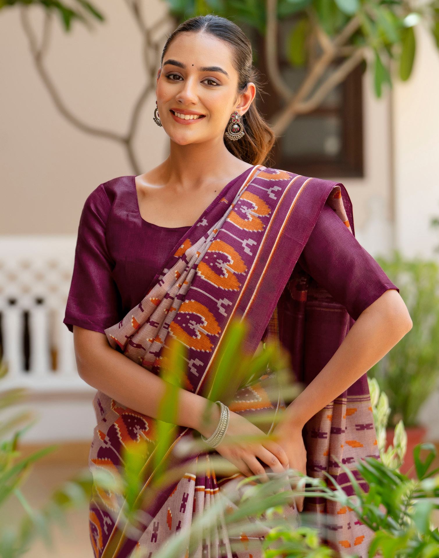 Purple Khadi Ikkat Printed Saree