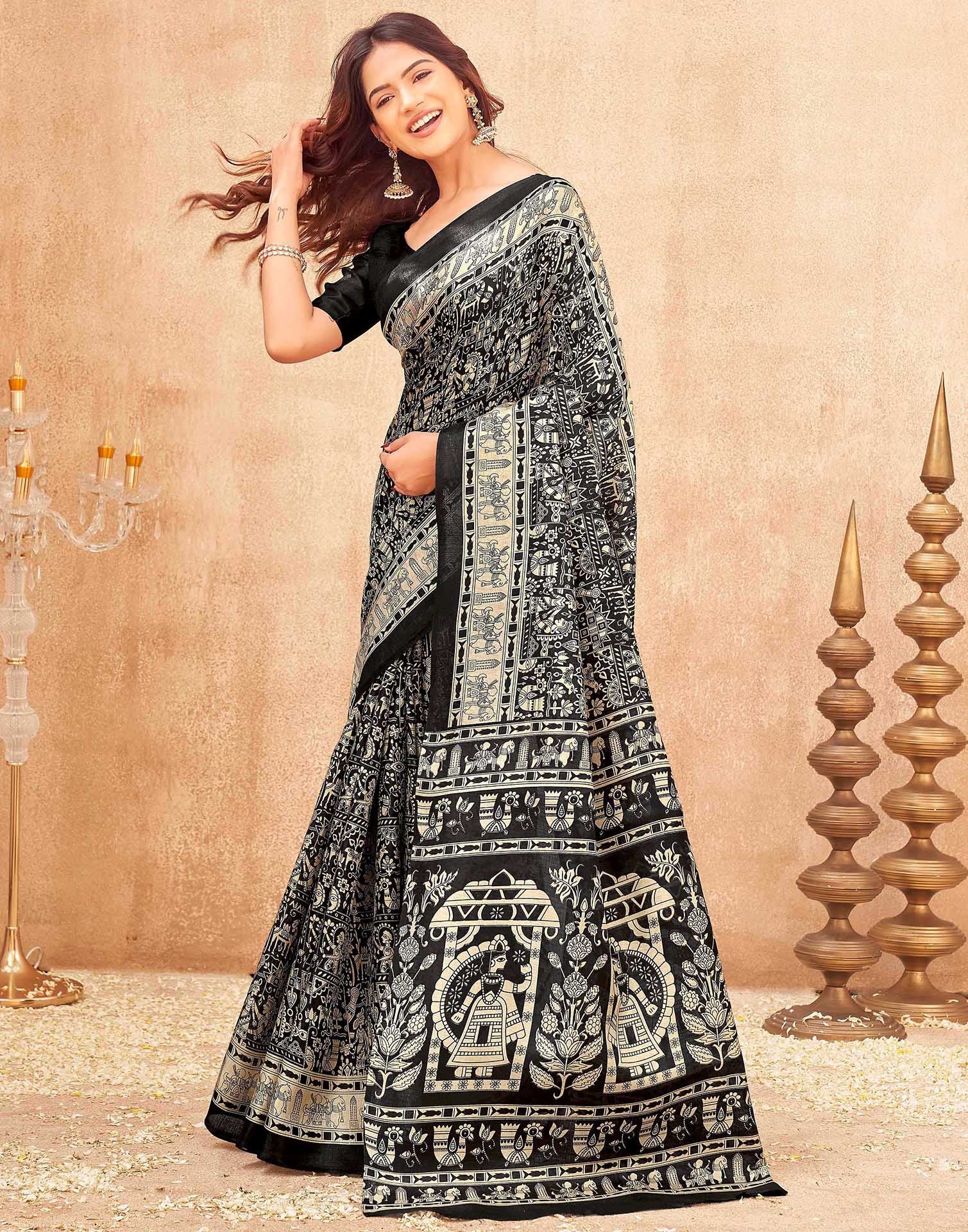 Black Khadi Printed Kalamkari Saree