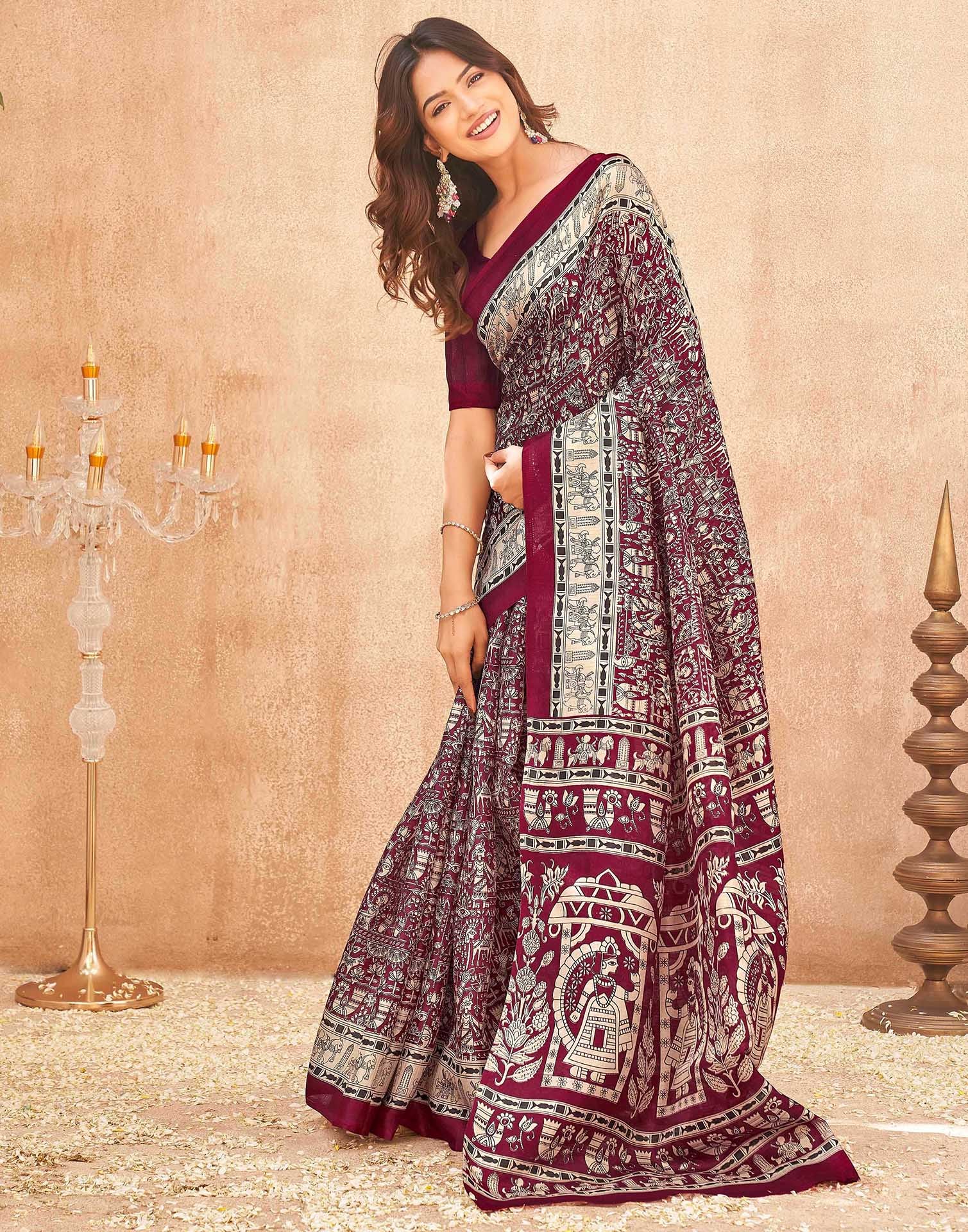 Maroon Khadi Printed Kalamkari Saree