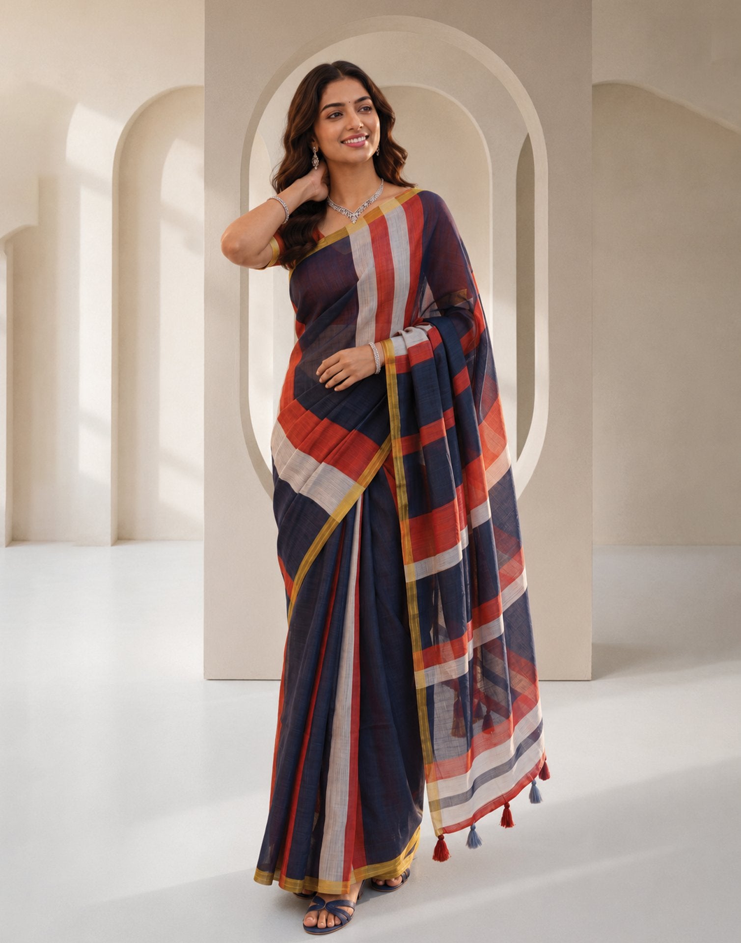 Navy Blue Linen Printed Zari Border Saree