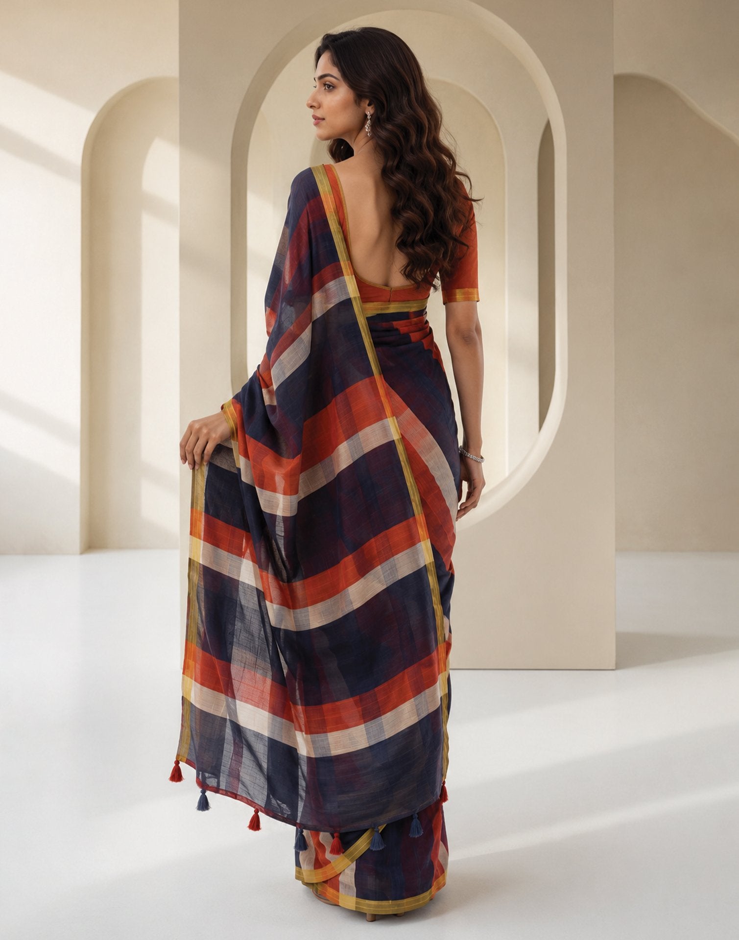 Navy Blue Linen Printed Zari Border Saree
