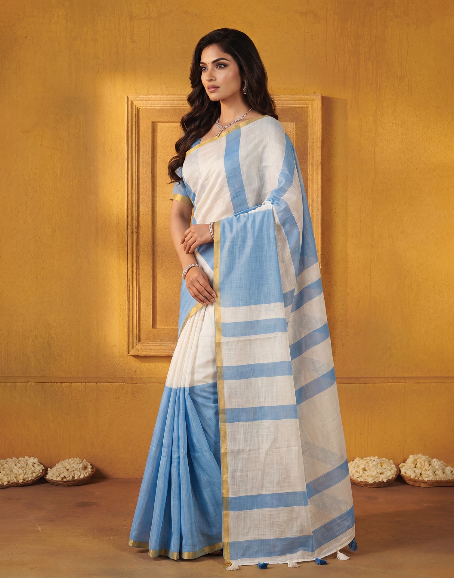 Light Blue Linen Printed Zari Border Saree