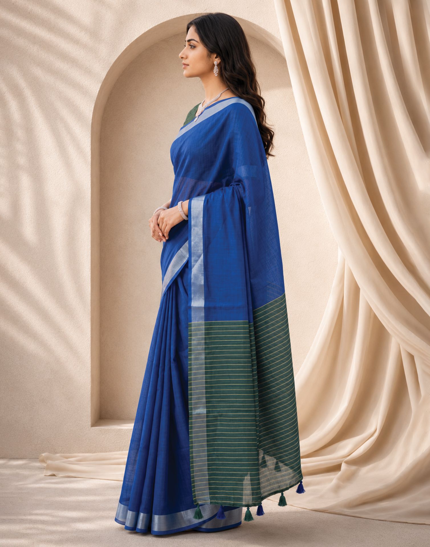 Blue Linen Printed Zari Border Saree