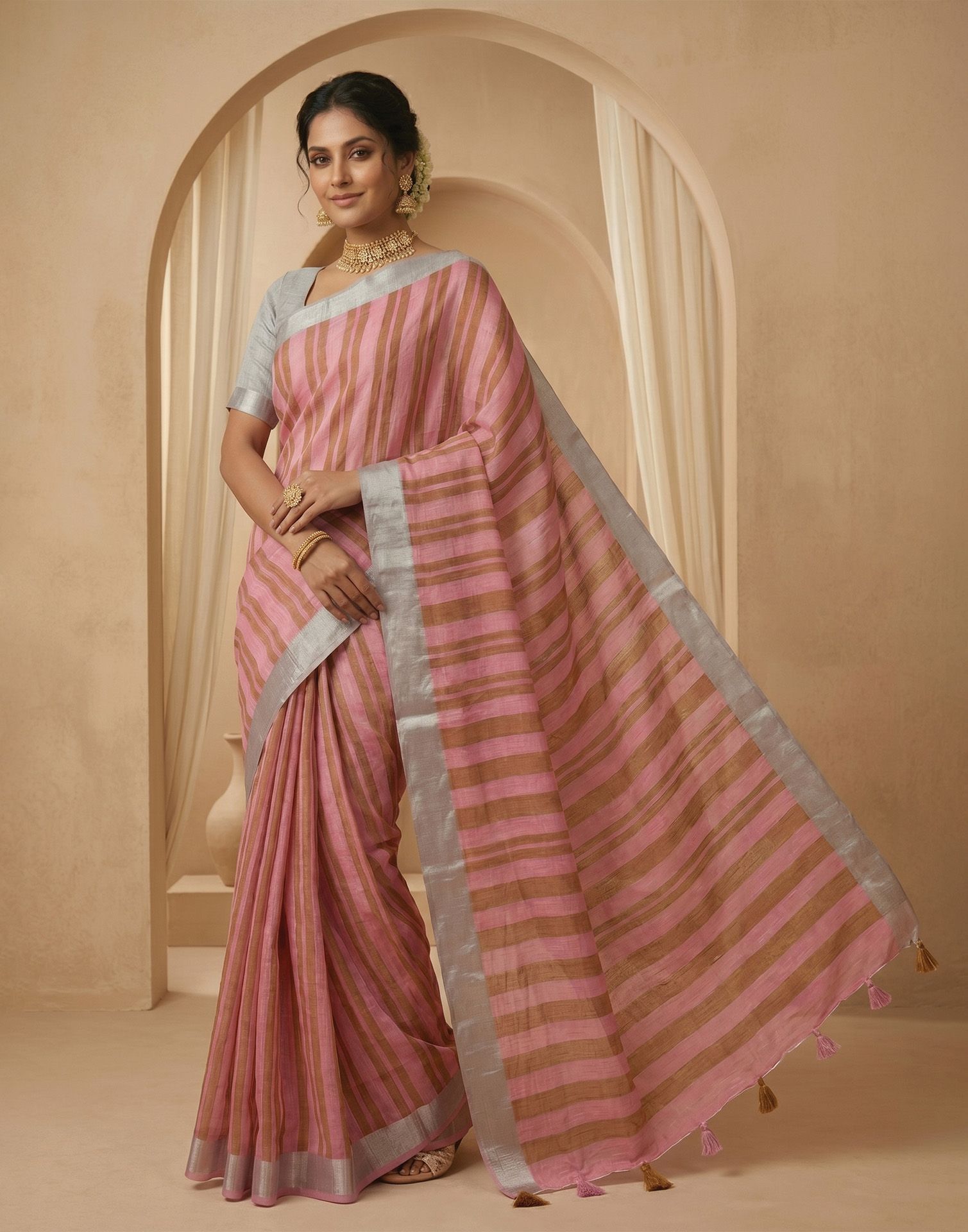 Light Pink Linen Printed Zari Border Saree
