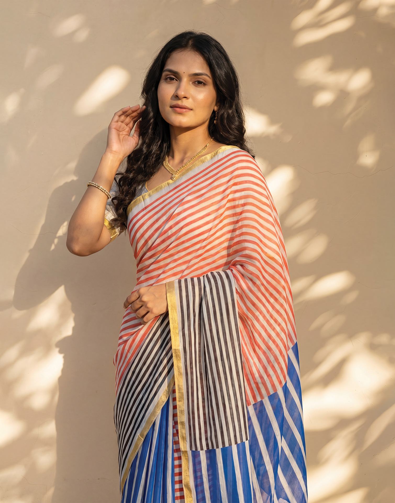 Blue Linen Printed Zari Border Saree