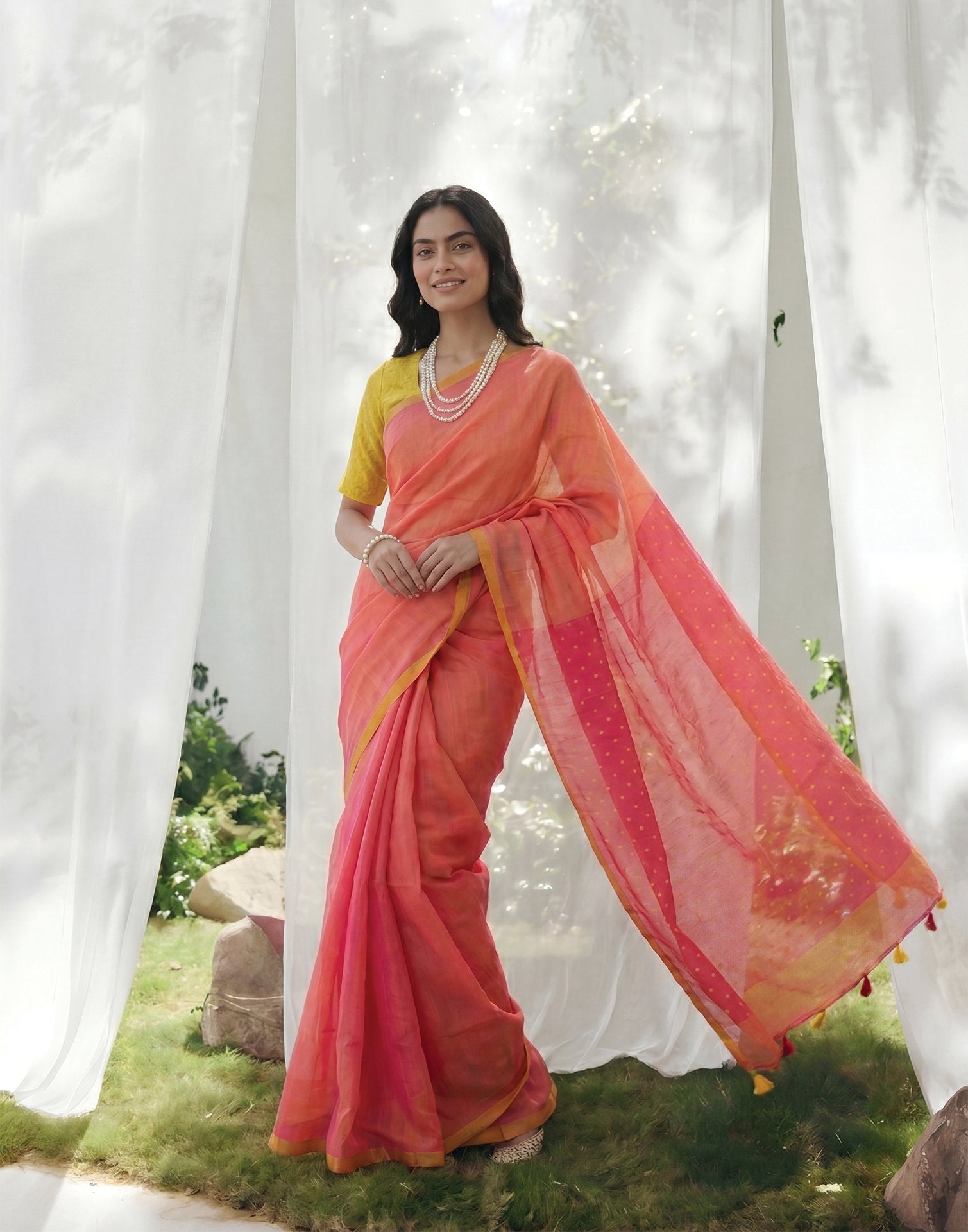 Coral Peach Linen Printed Zari Border Saree