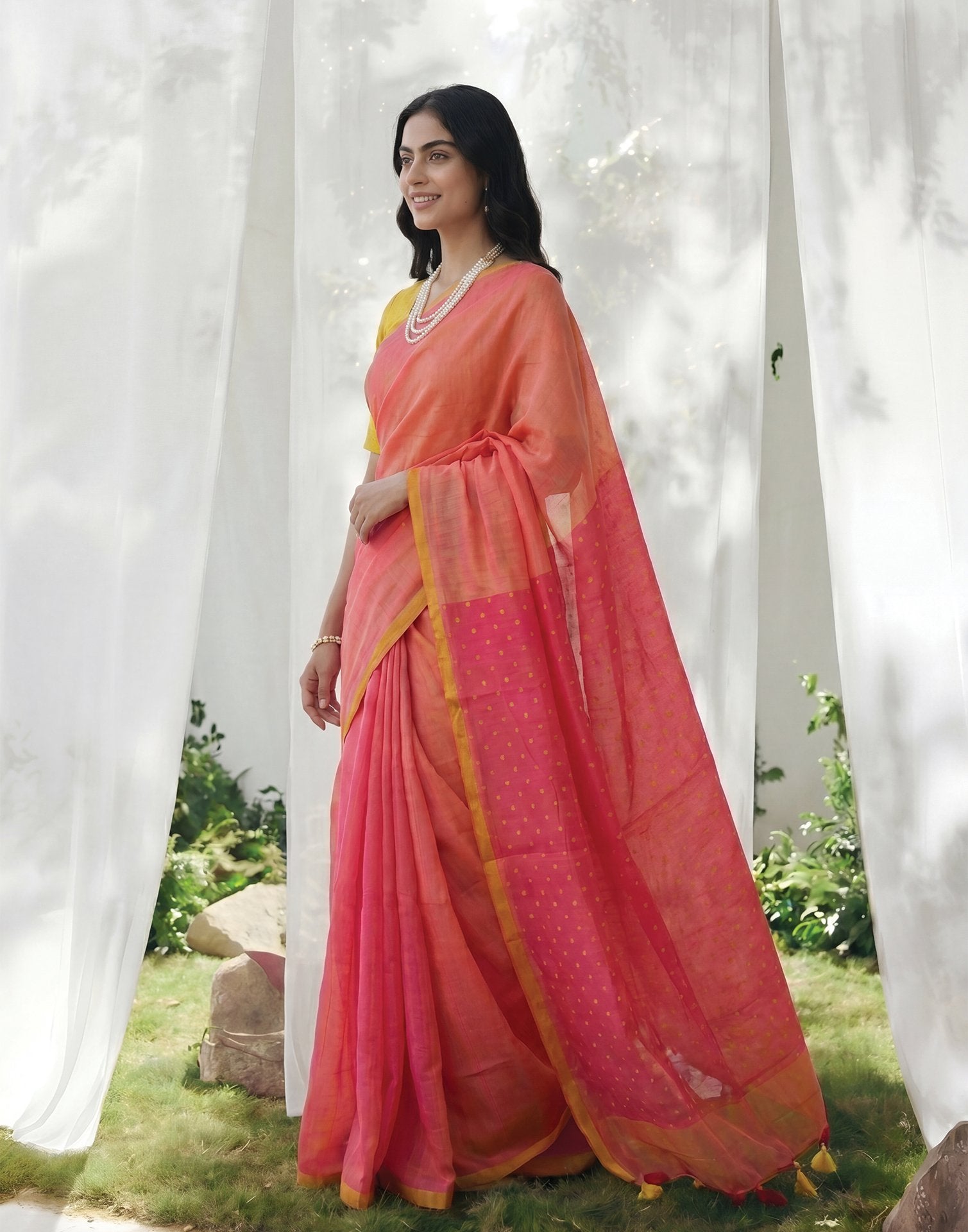Coral Peach Linen Printed Zari Border Saree