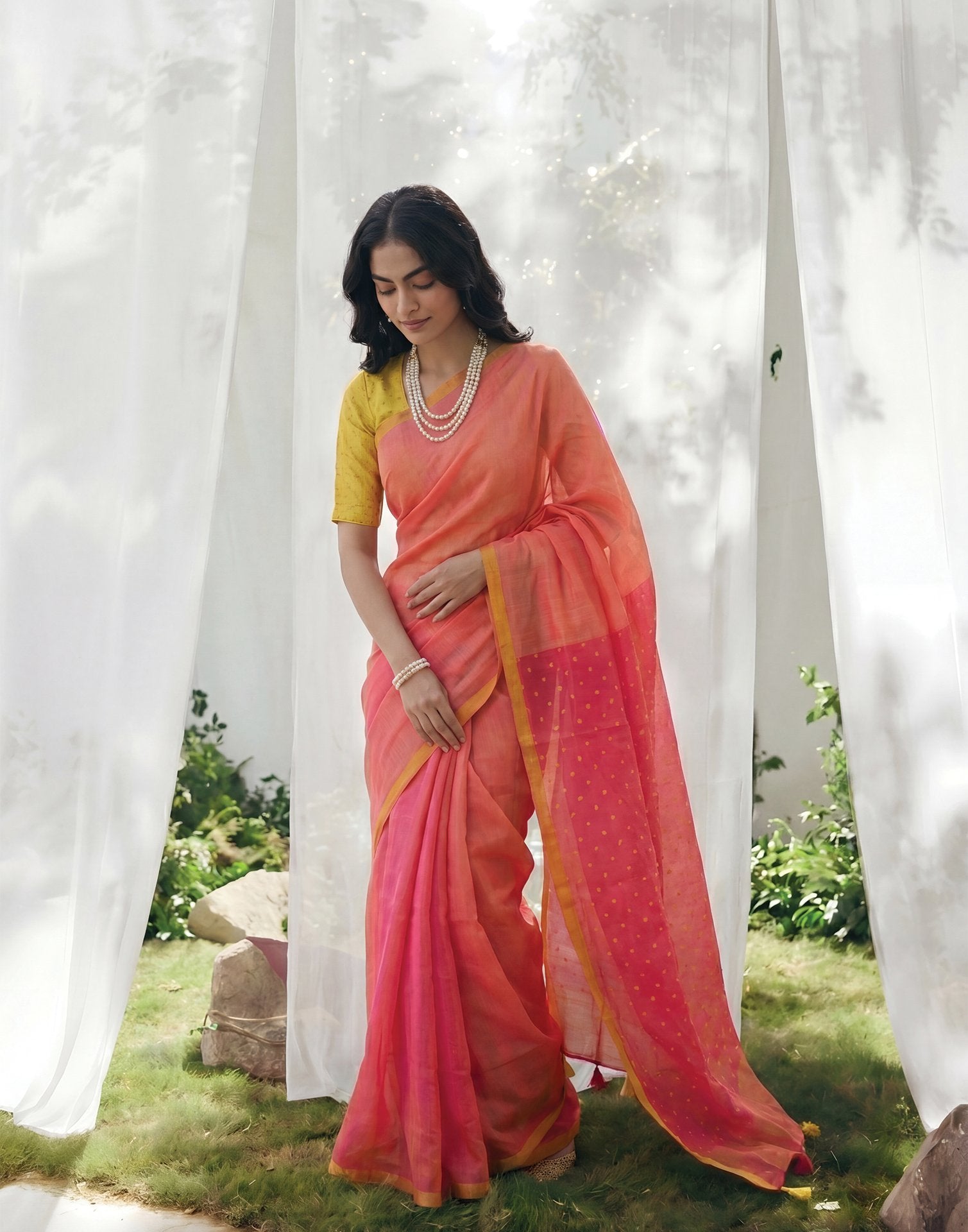 Coral Peach Linen Printed Zari Border Saree
