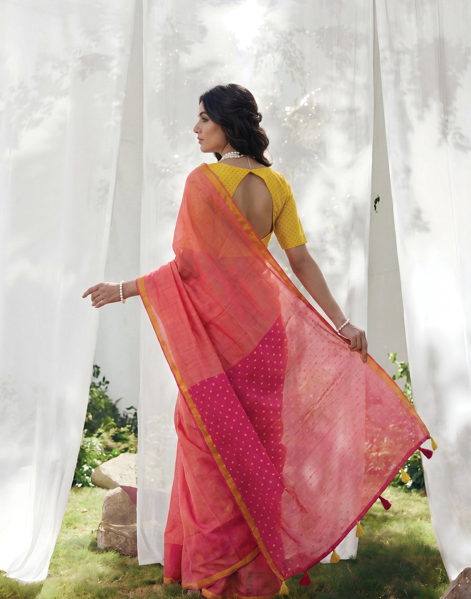 Coral Peach Linen Printed Zari Border Saree