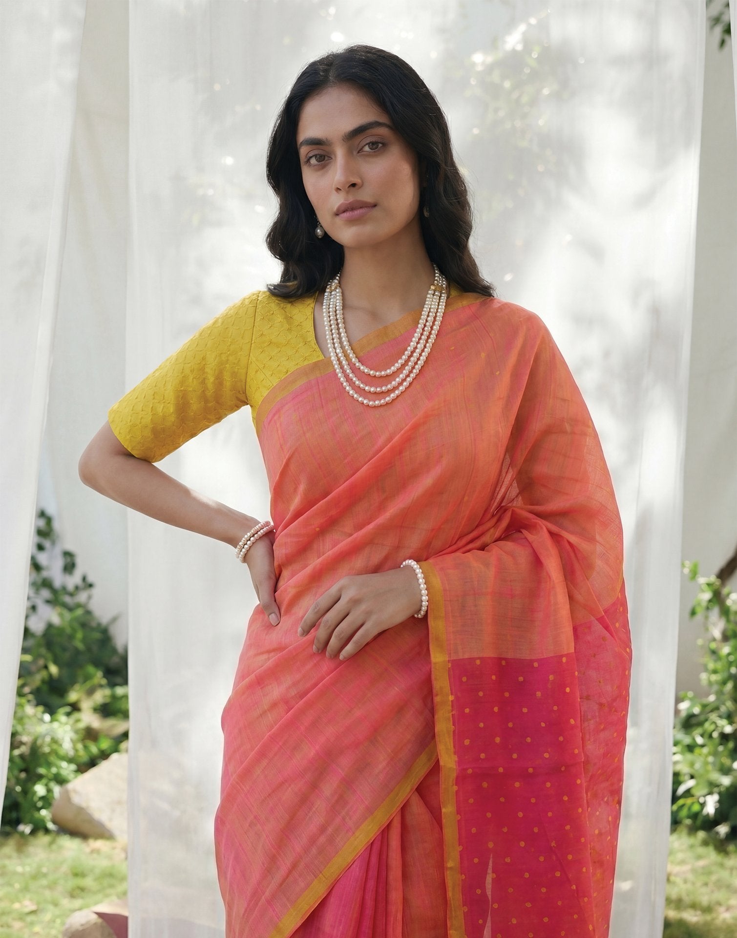 Coral Peach Linen Printed Zari Border Saree
