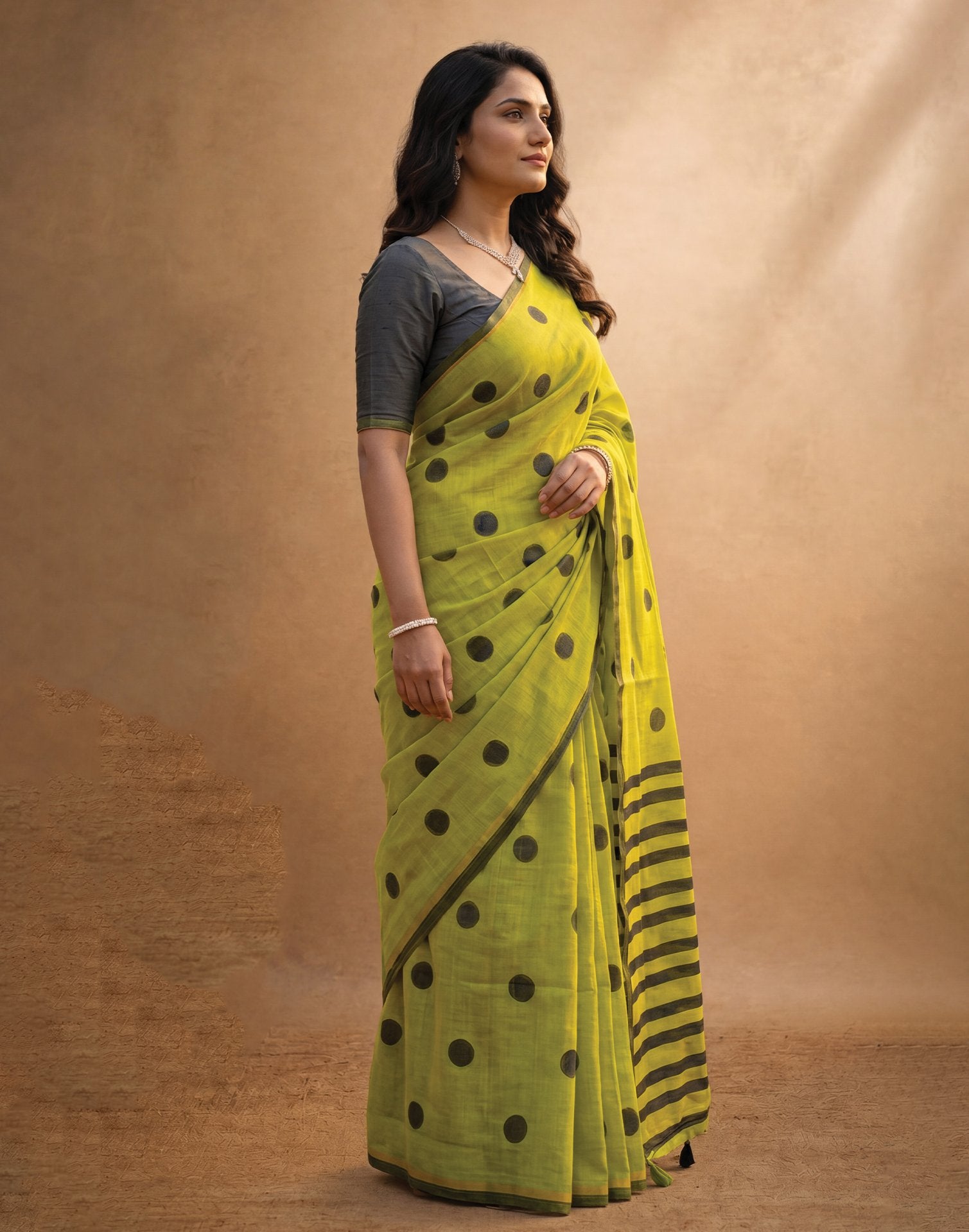 Parrot Green Linen Printed Zari Border Saree