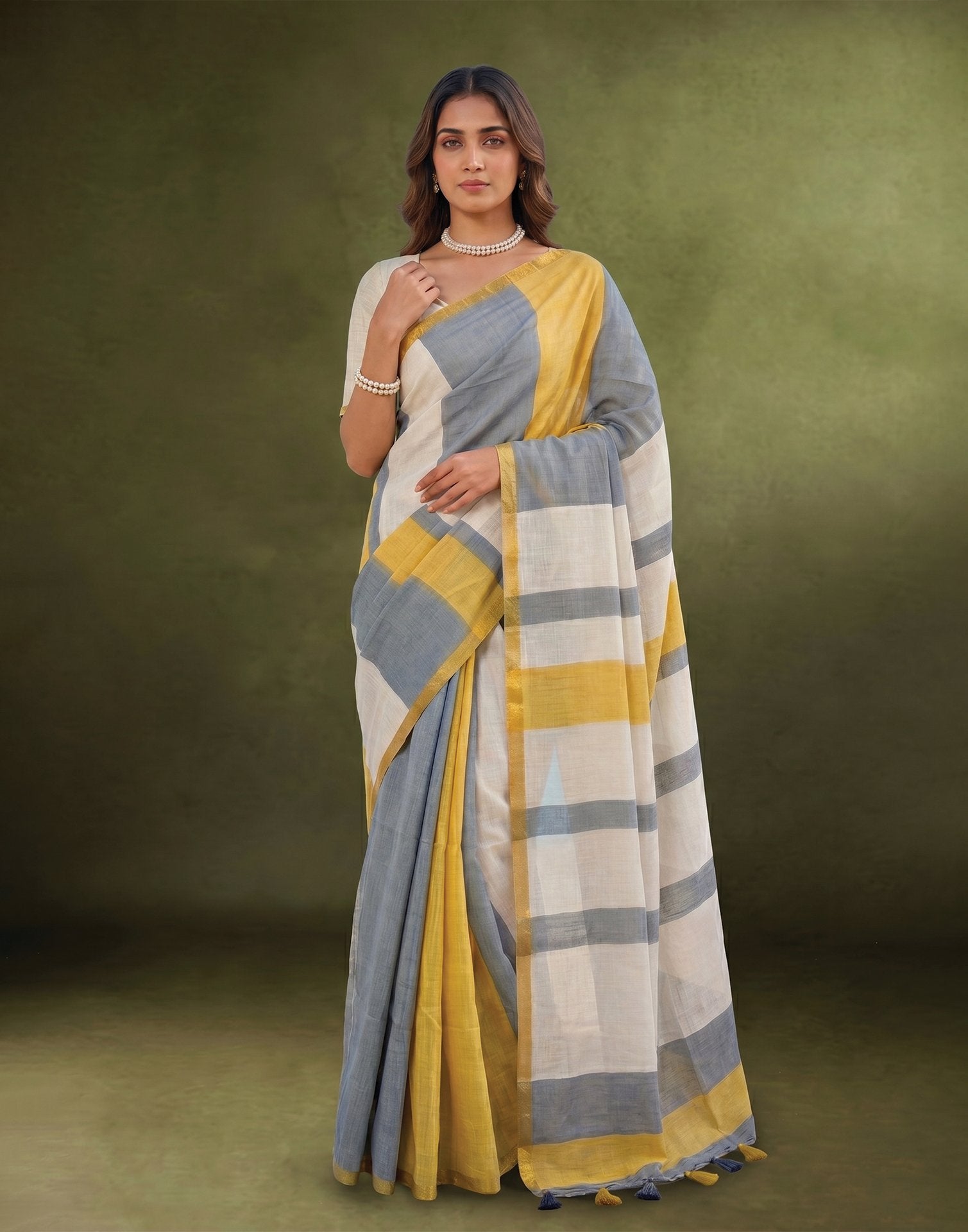 Dusty Light Blue Linen Printed Zari Border Saree