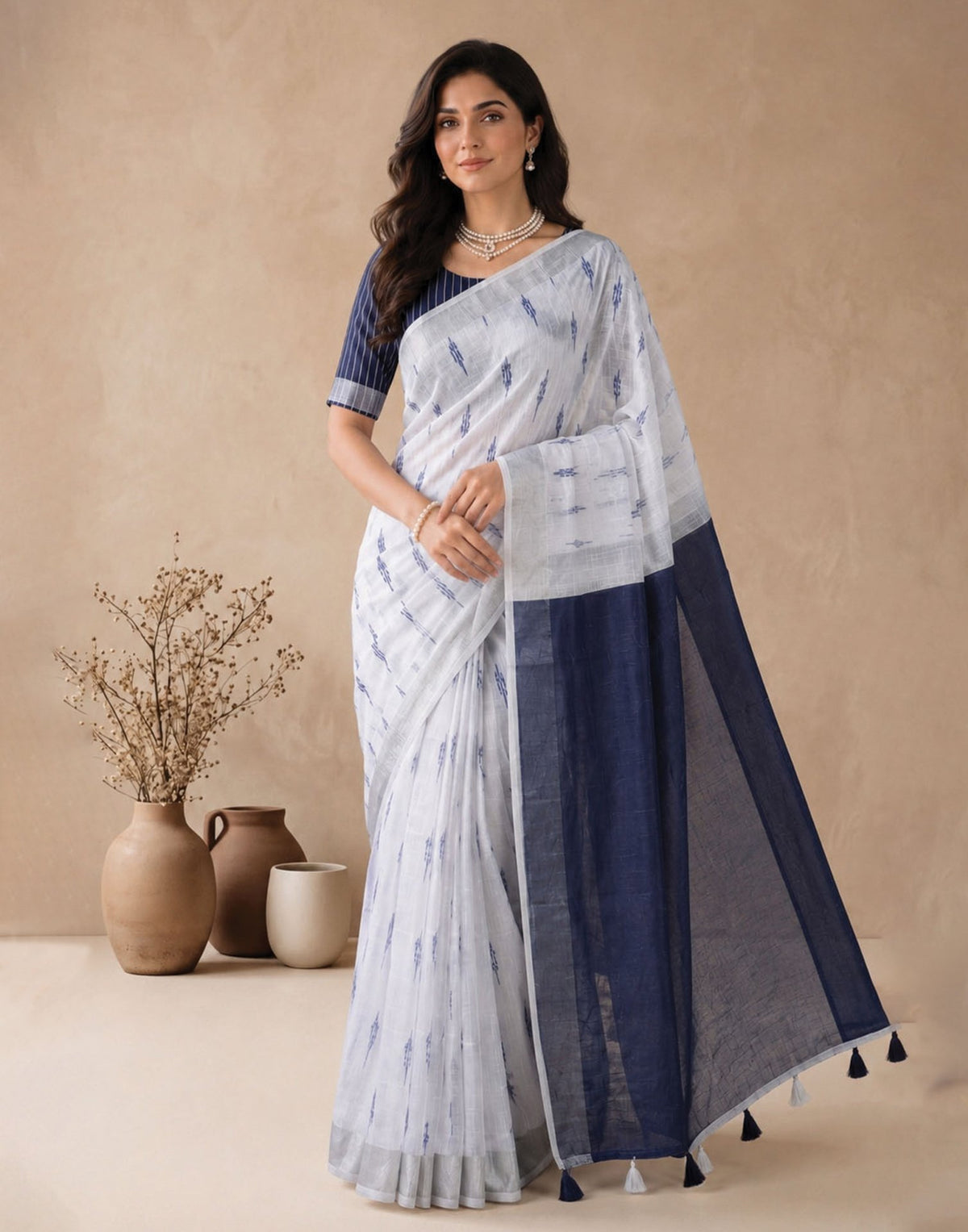 White Linen Printed Zari Border Saree