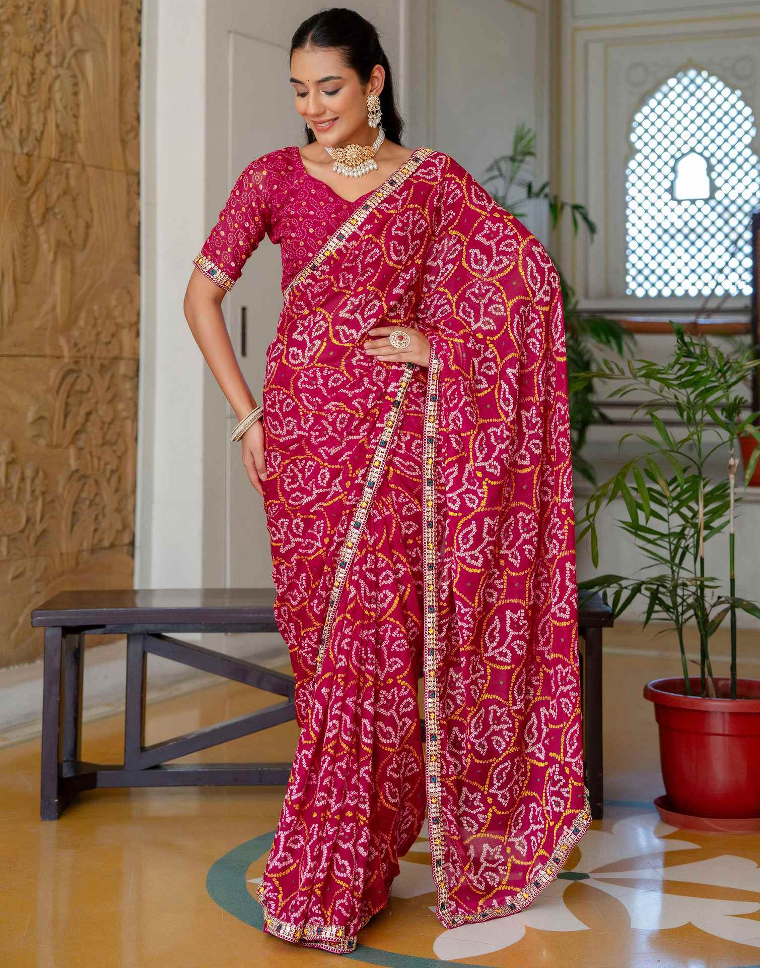Pink Chiffon Bandhani Printed Lace Saree