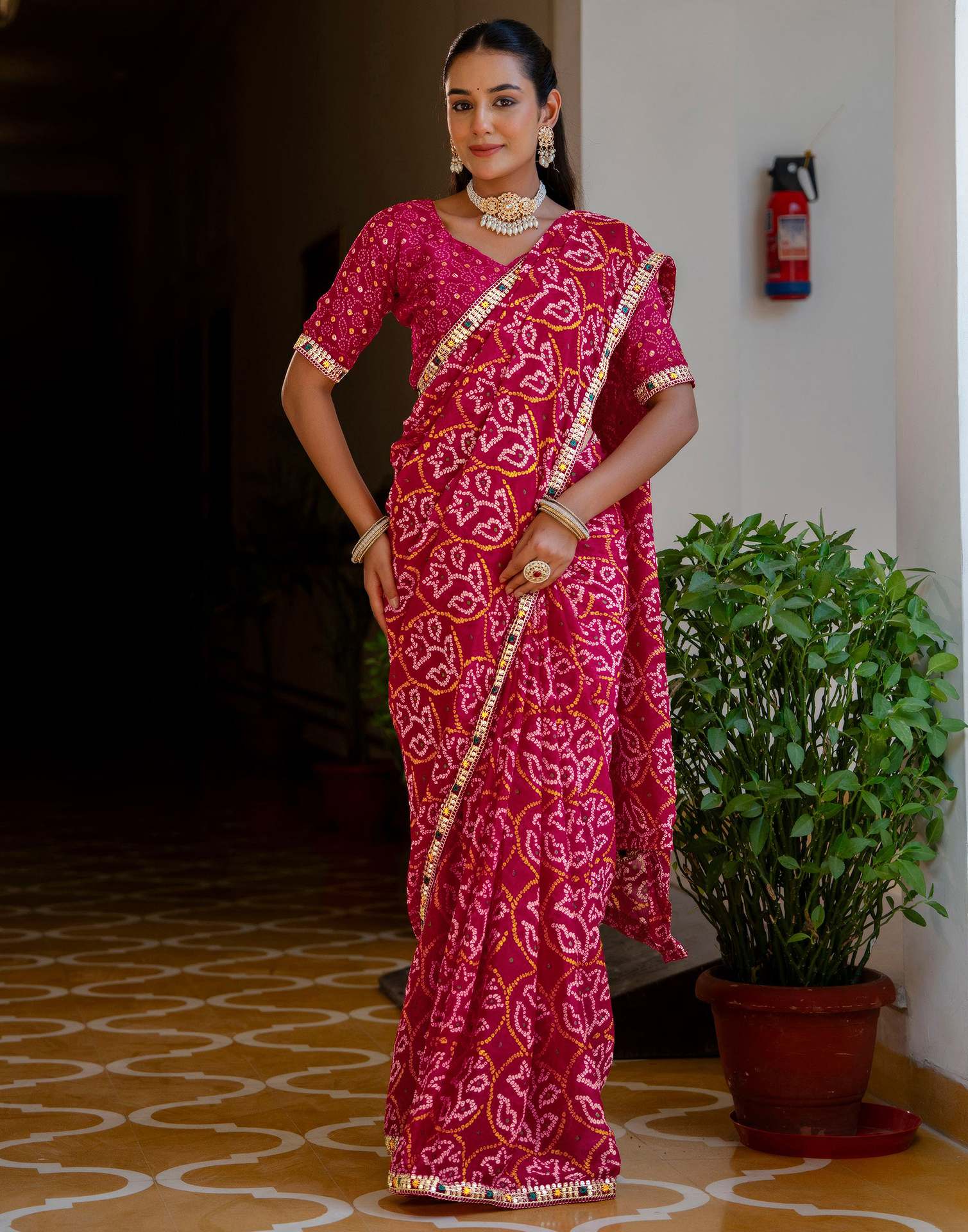 Pink Chiffon Bandhani Printed Lace Saree