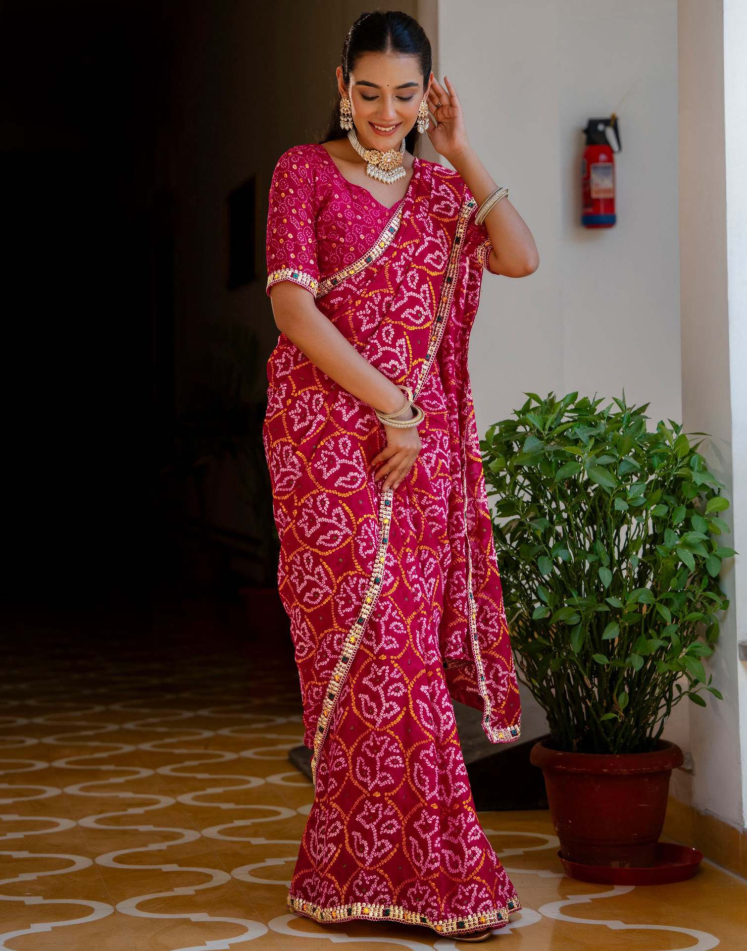 Pink Chiffon Bandhani Printed Lace Saree