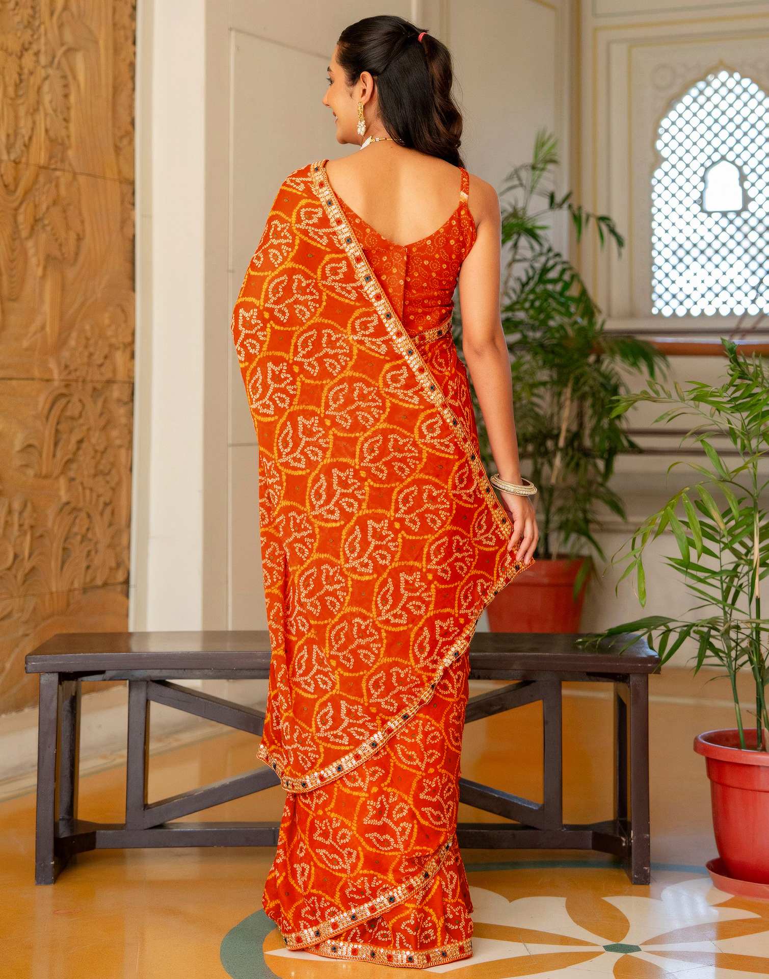 Orange Chiffon Bandhani Printed Lace Saree