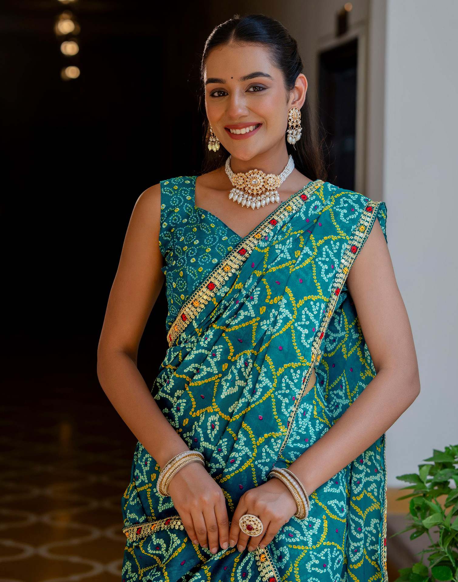 Dark Teal Blue Chiffon Bandhani Printed Lace Saree
