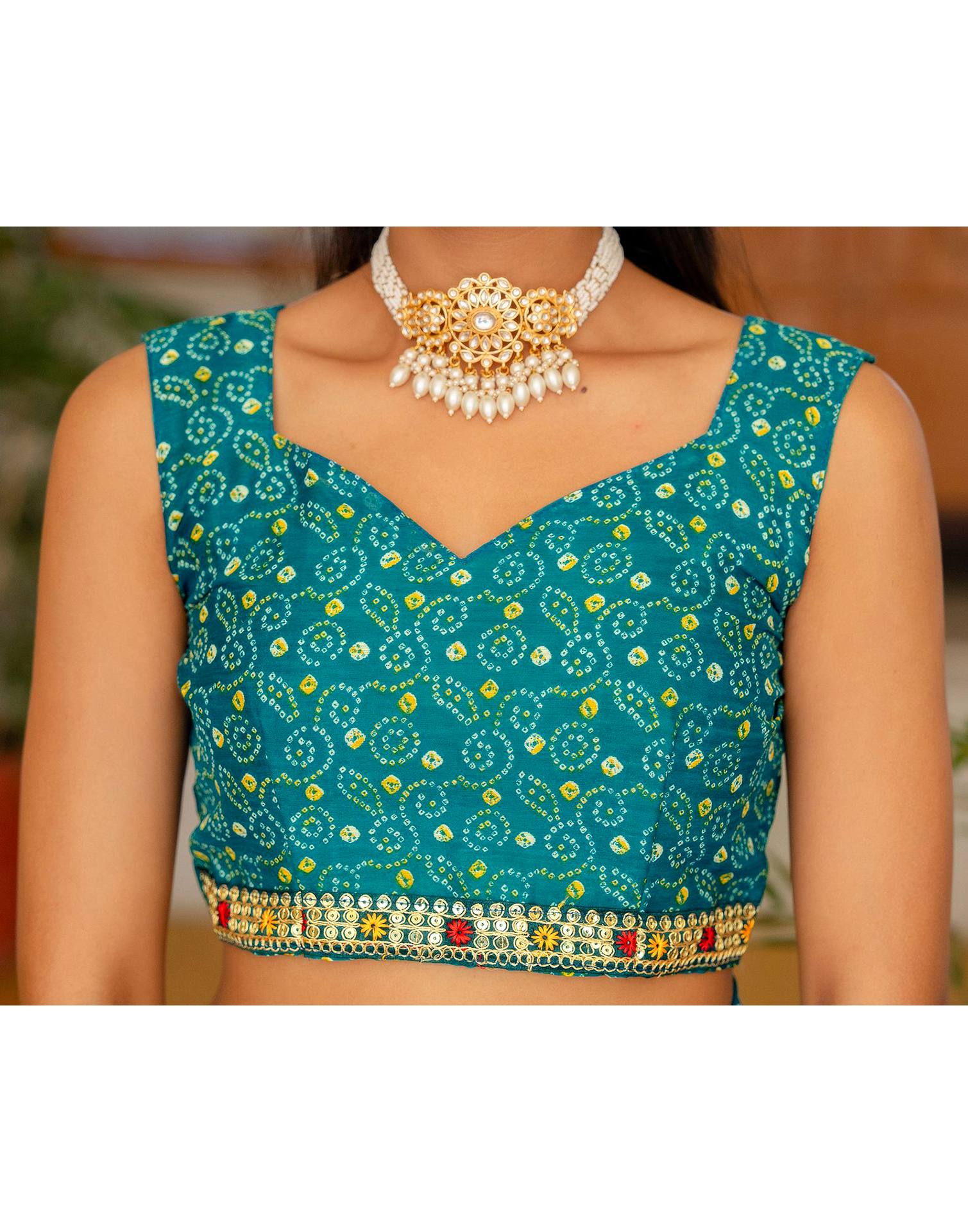 Dark Teal Blue Chiffon Bandhani Printed Lace Saree