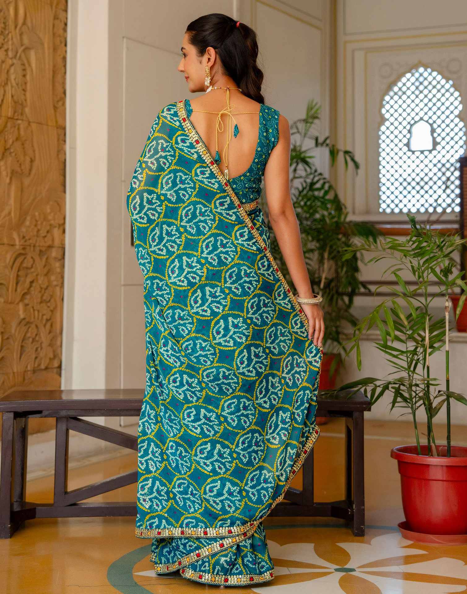 Dark Teal Blue Chiffon Bandhani Printed Lace Saree