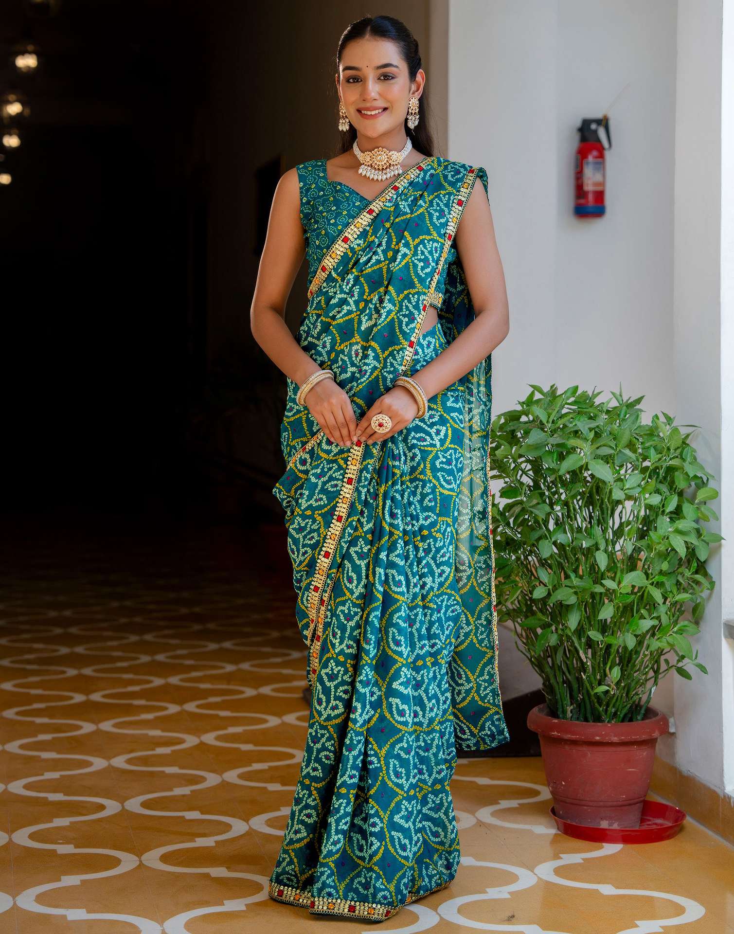 Dark Teal Blue Chiffon Bandhani Printed Lace Saree