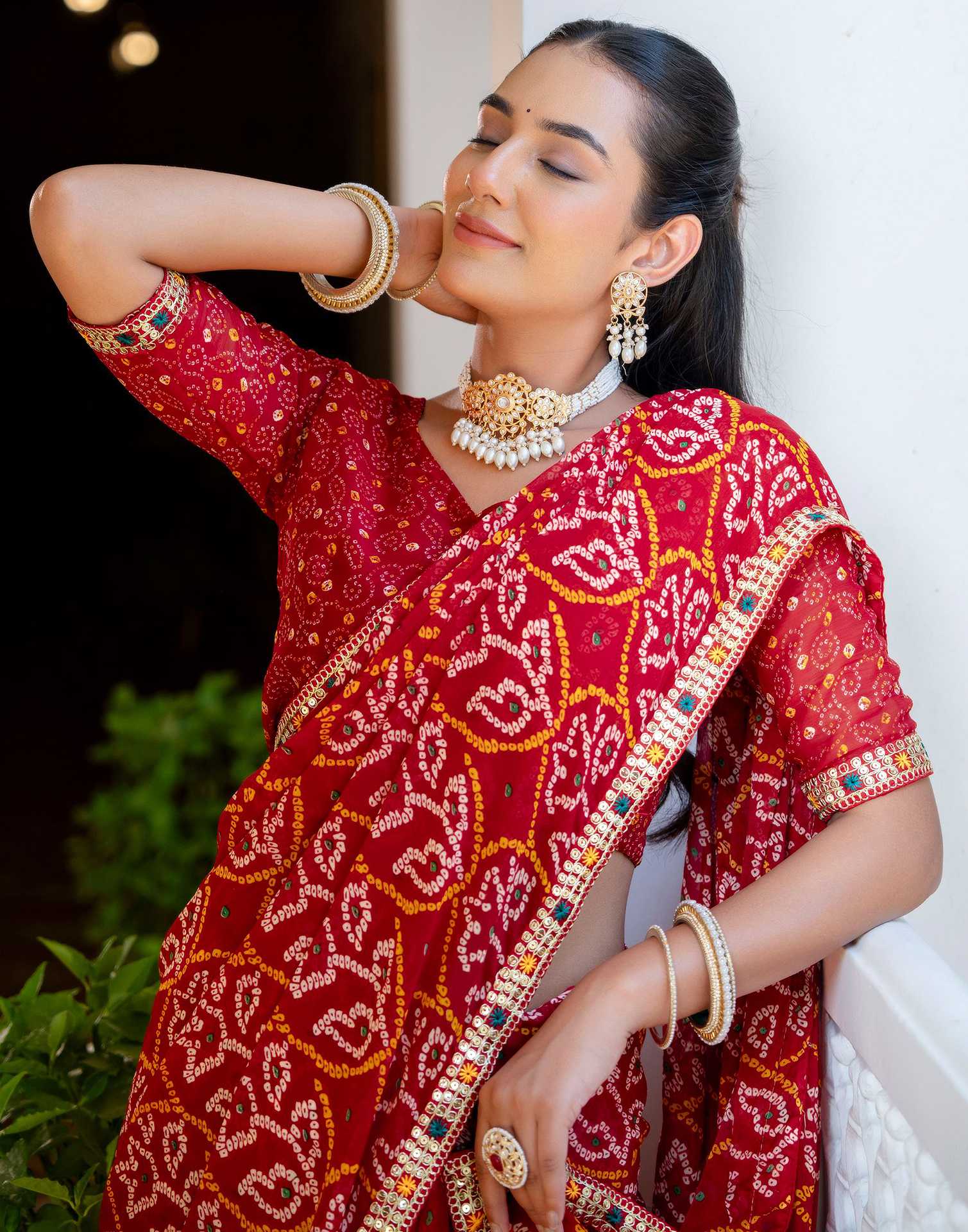 Red Chiffon Bandhani Printed Lace Saree