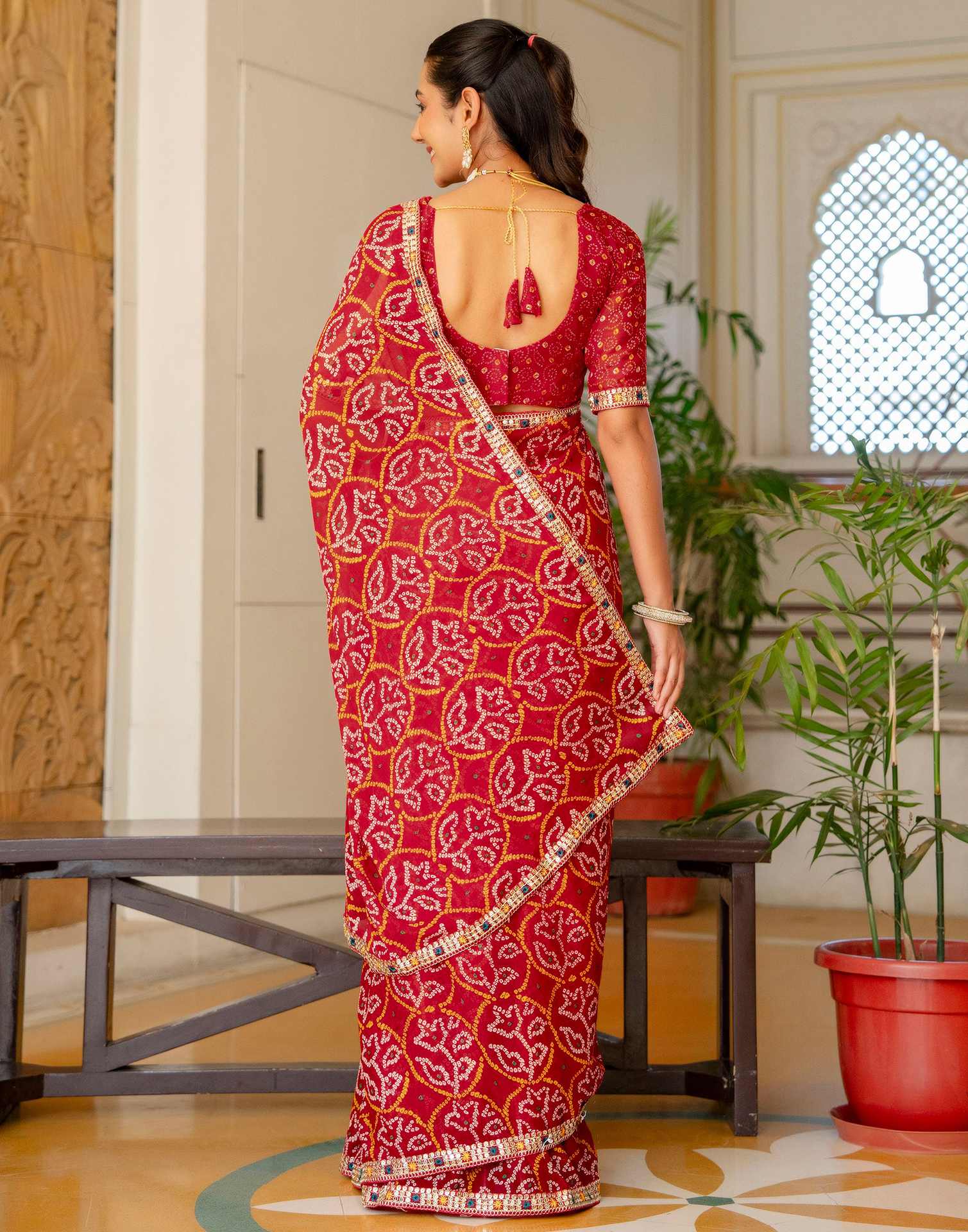Red Chiffon Bandhani Printed Lace Saree