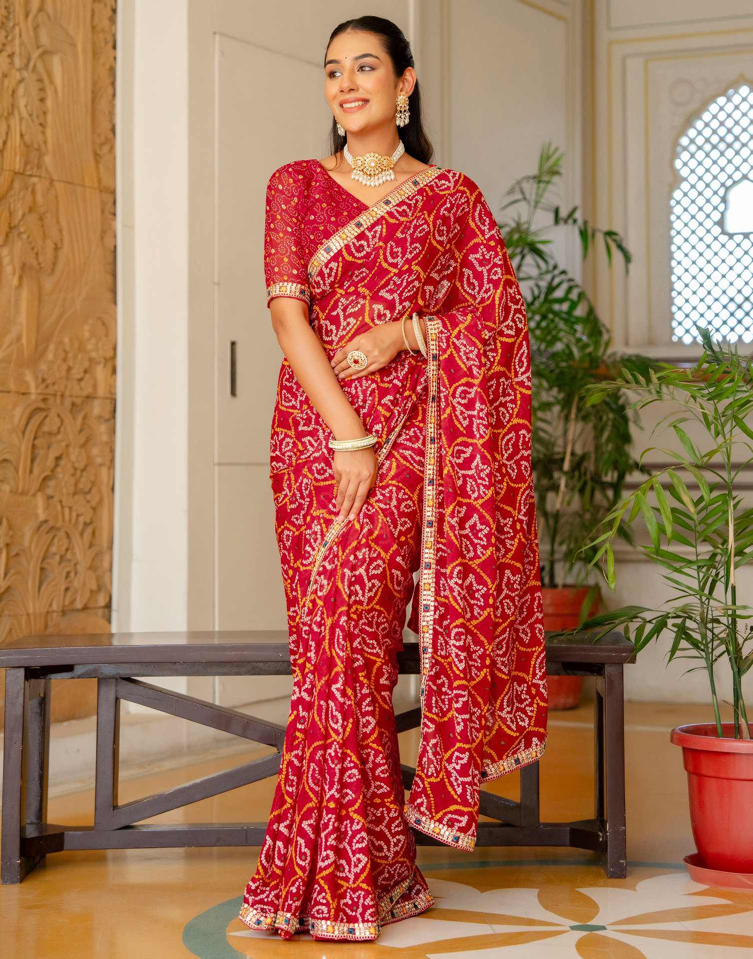 Red Chiffon Bandhani Printed Lace Saree
