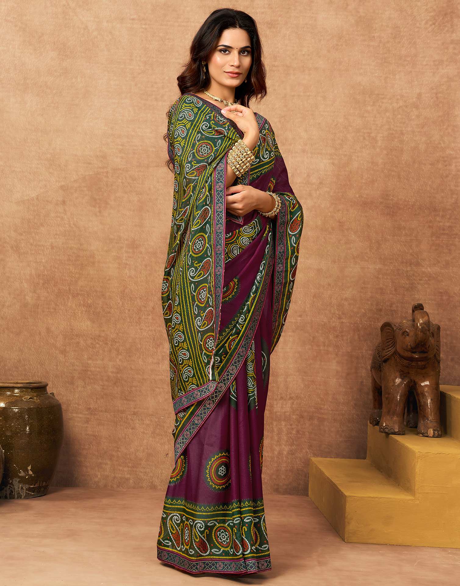 Magenta Georgette Bandhani Printed Lace Saree