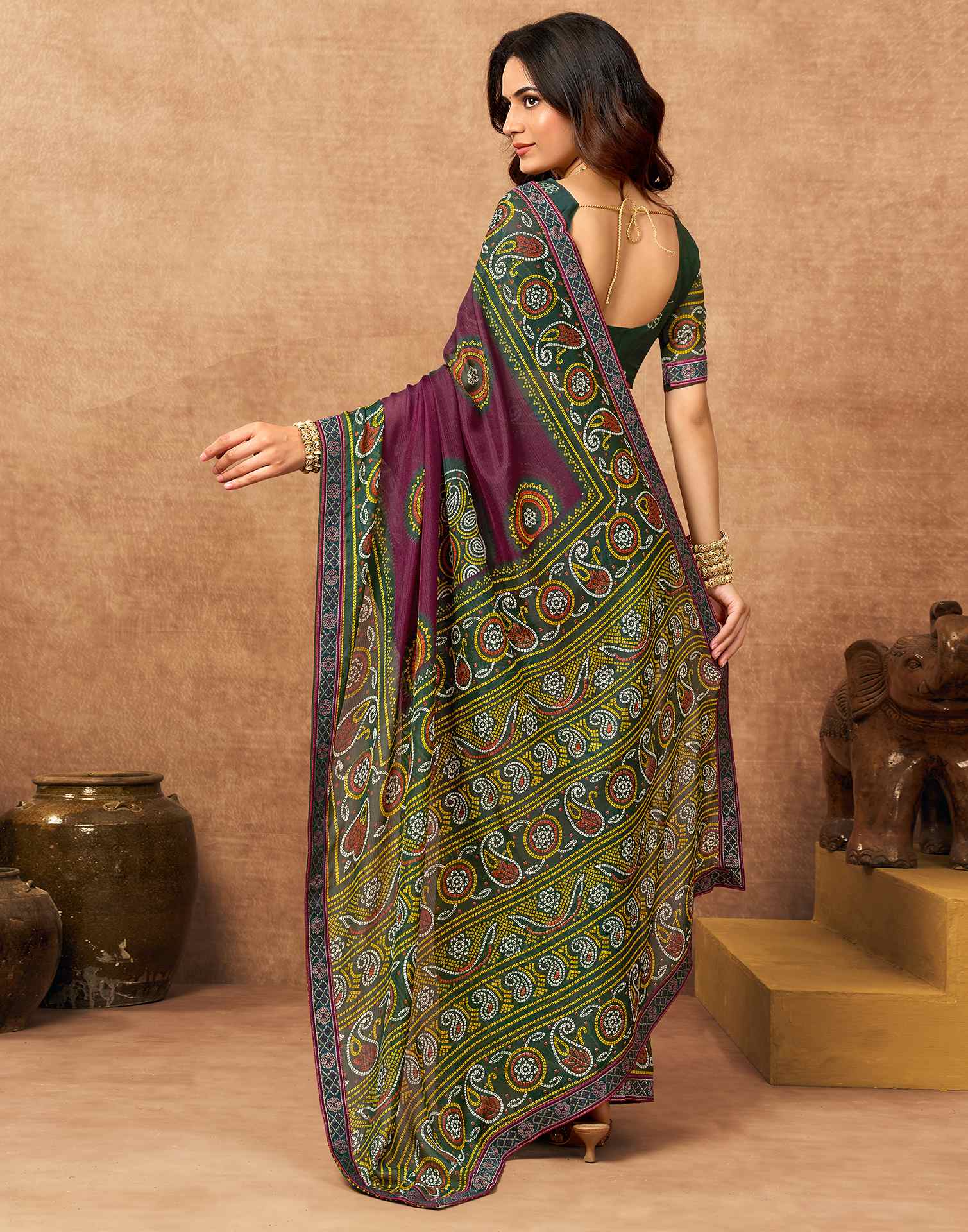 Magenta Georgette Bandhani Printed Lace Saree