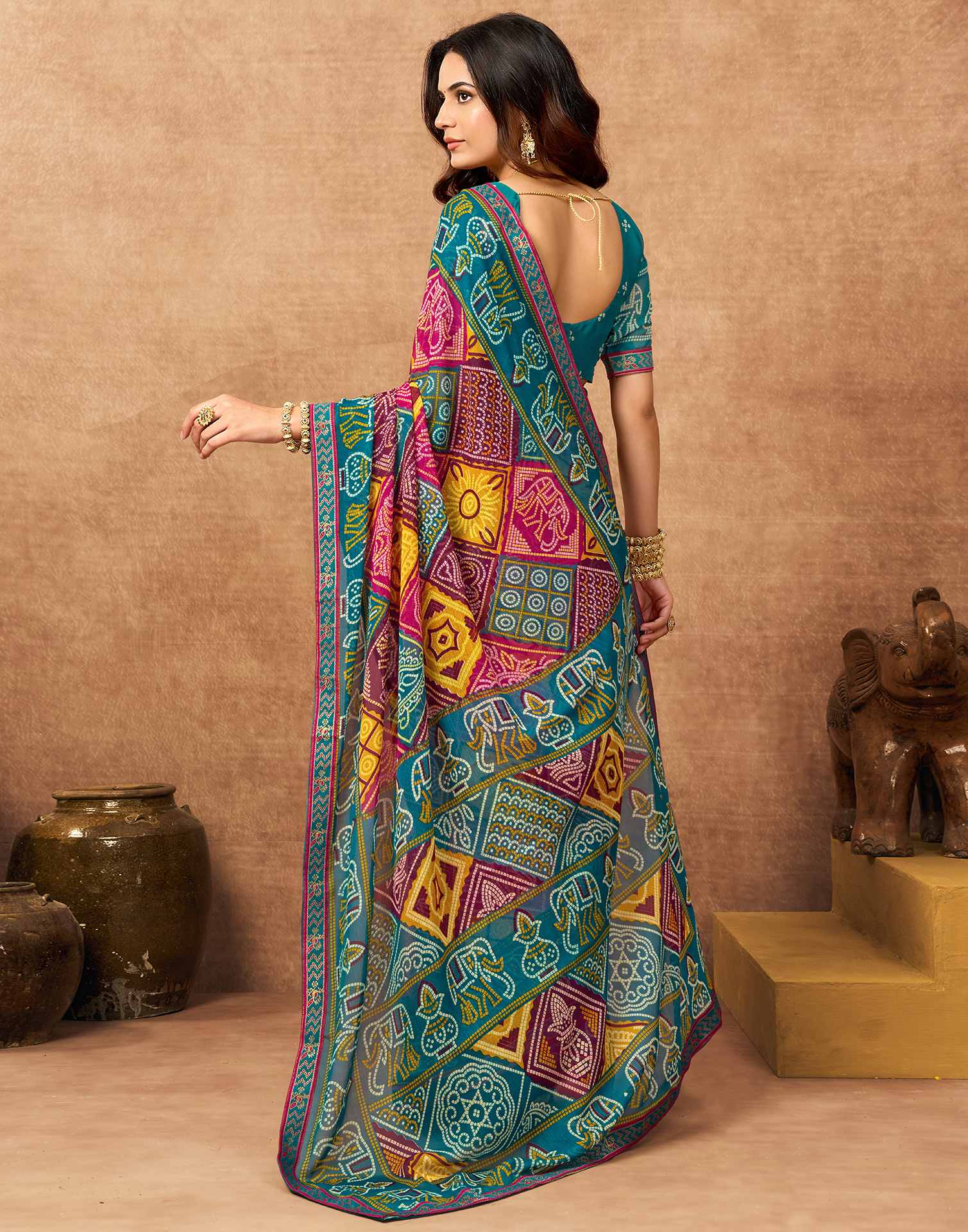 Teal Blue Georgette Bandhani Printed Lace Saree