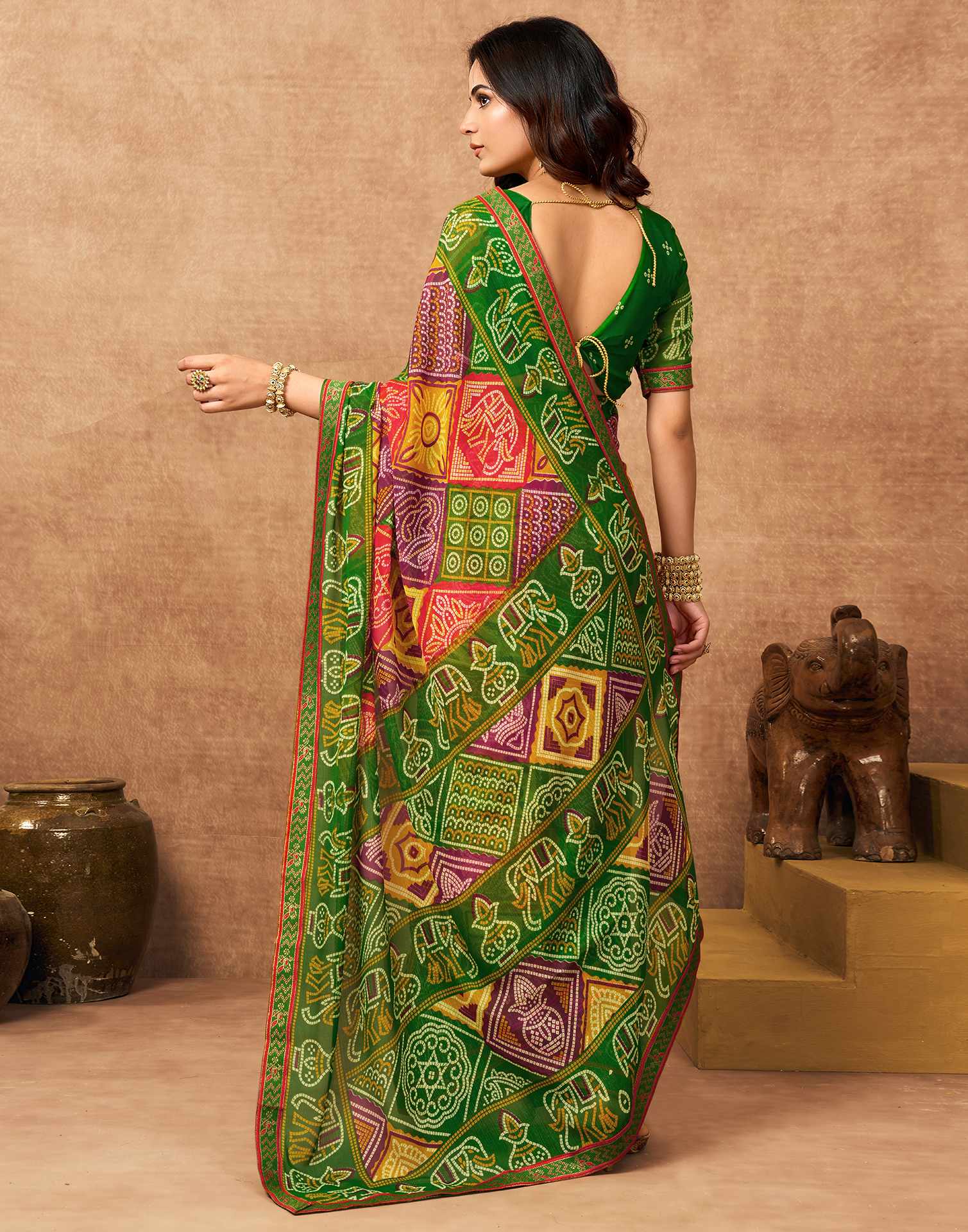 Green Georgette Bandhani Printed Lace Saree
